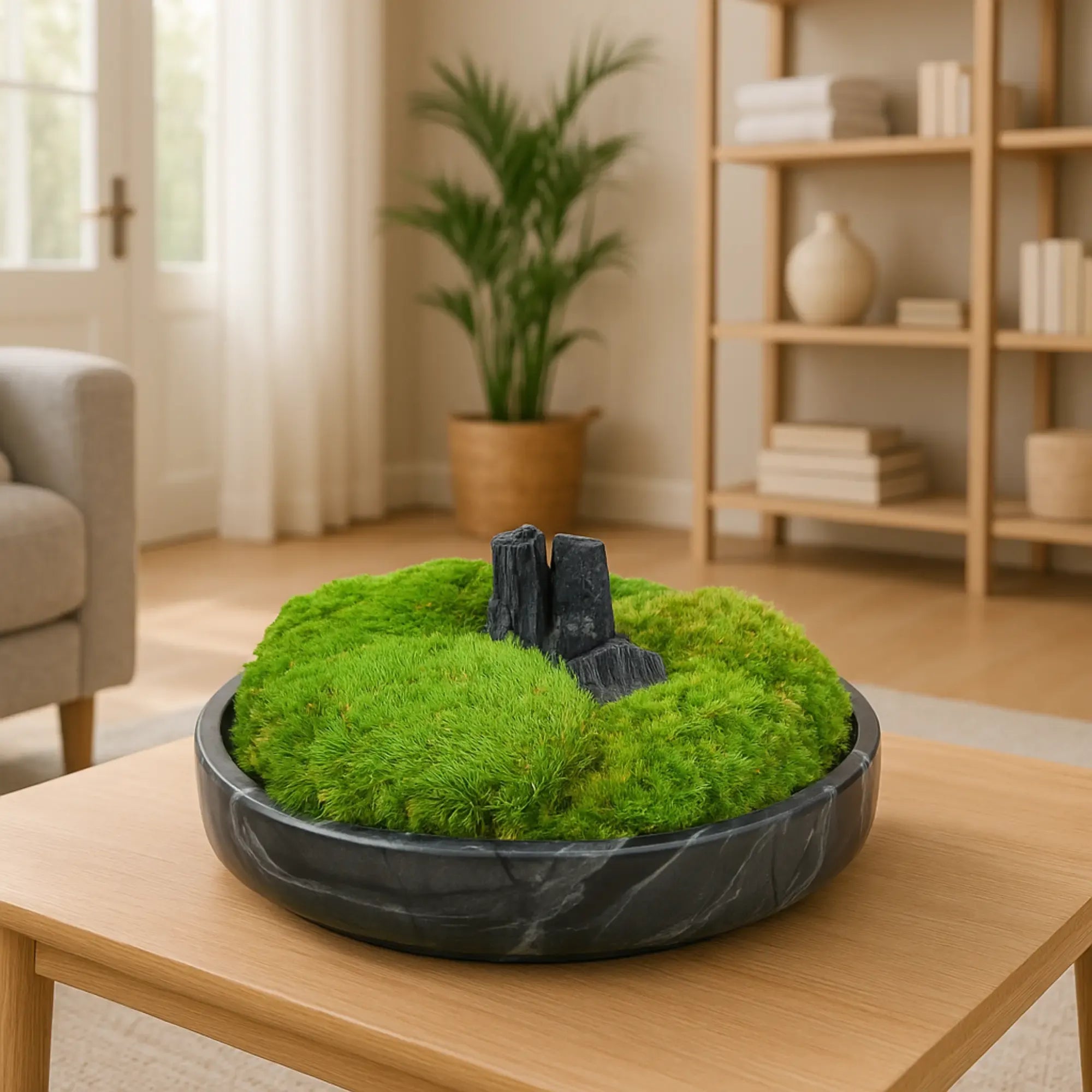 Moosdekoration - in Marmorschale - Runde Moos-Dekoschale mit Holzelement Terra Lux
