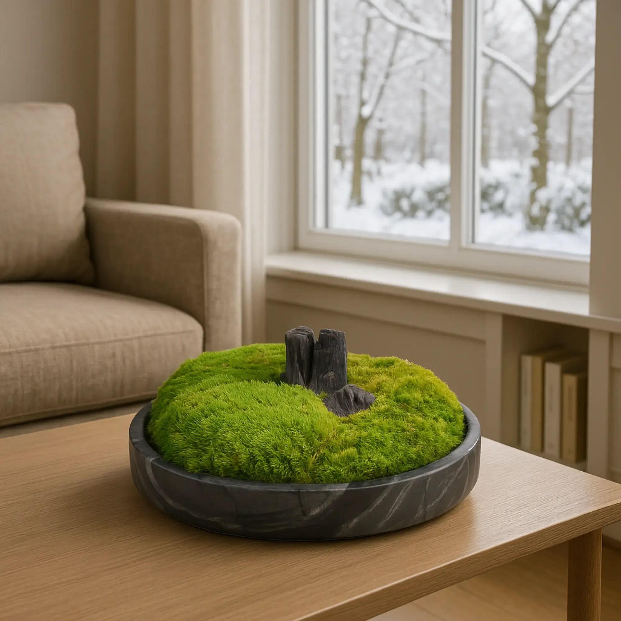 Moosdekoration - in Marmorschale - Runde Moos-Dekoschale mit Holzelement Terra Lux