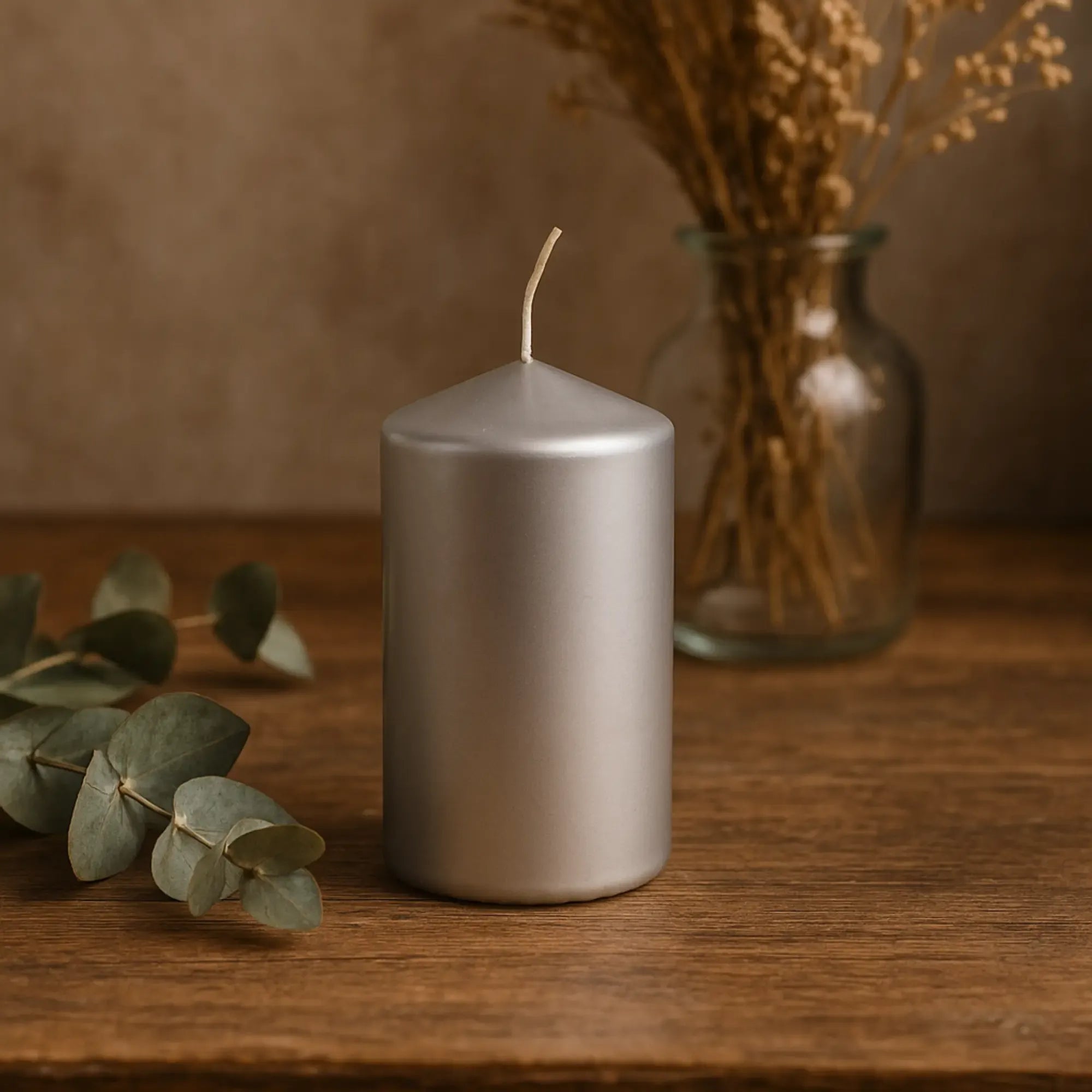Kerze - Stumpenkerze Metallisch – Silberner Block, 30h Brenndauer Argentum Glänzendes Silber