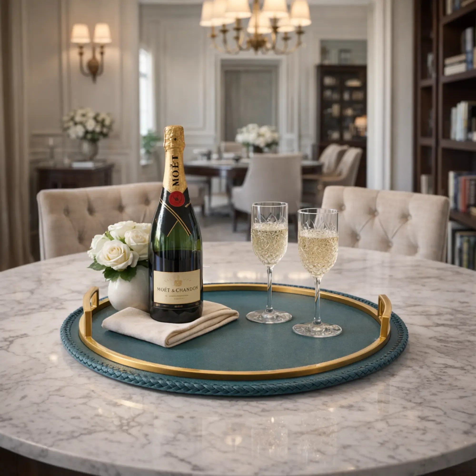 Serviertablett - Rundes Tablett – Kunstleder Petrol mit Griffen, handgenähte Serviertablage – Designobjekt Doré Nan