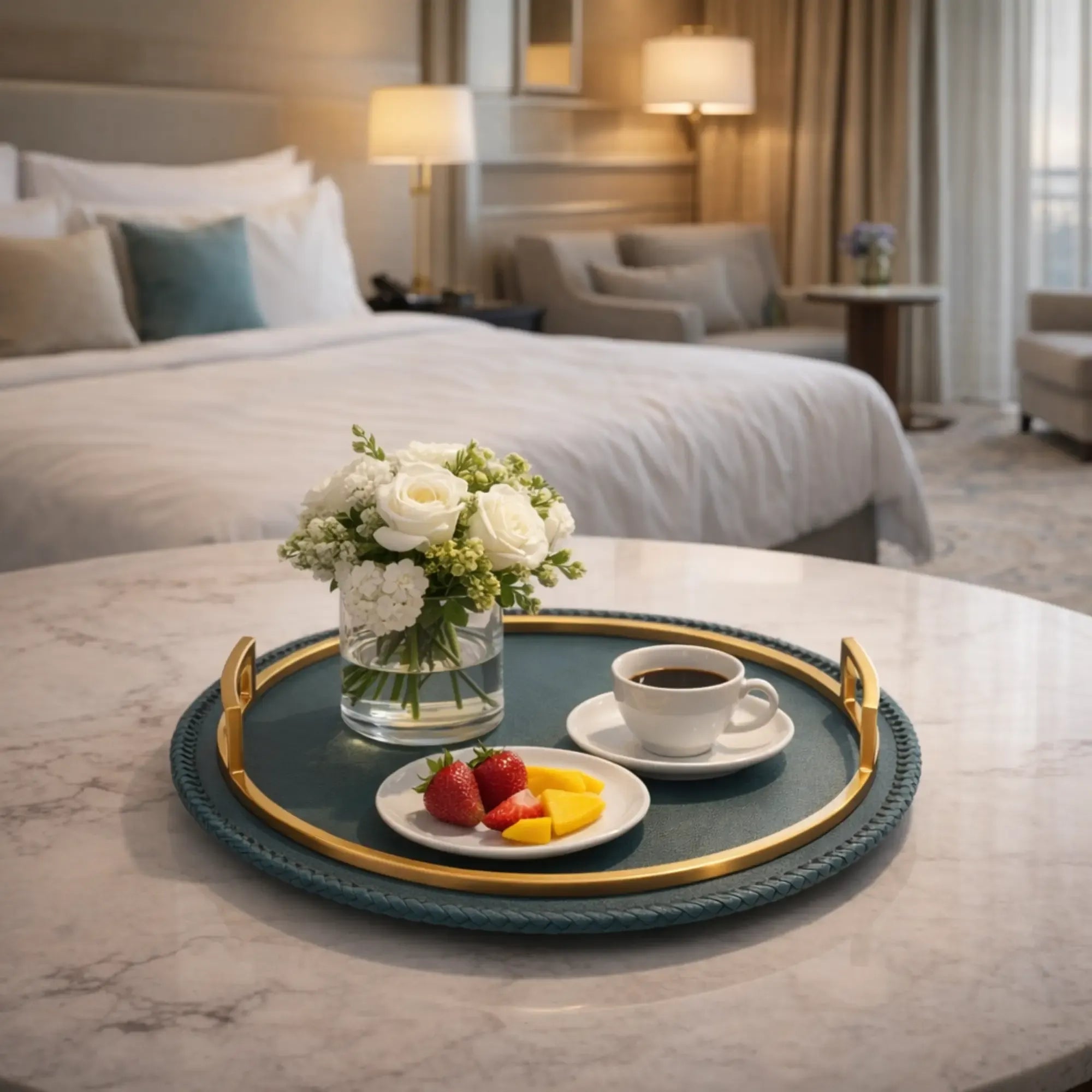 Serviertablett - Rundes Tablett – Kunstleder Petrol mit Griffen, handgenähte Serviertablage – Designobjekt Doré Nan