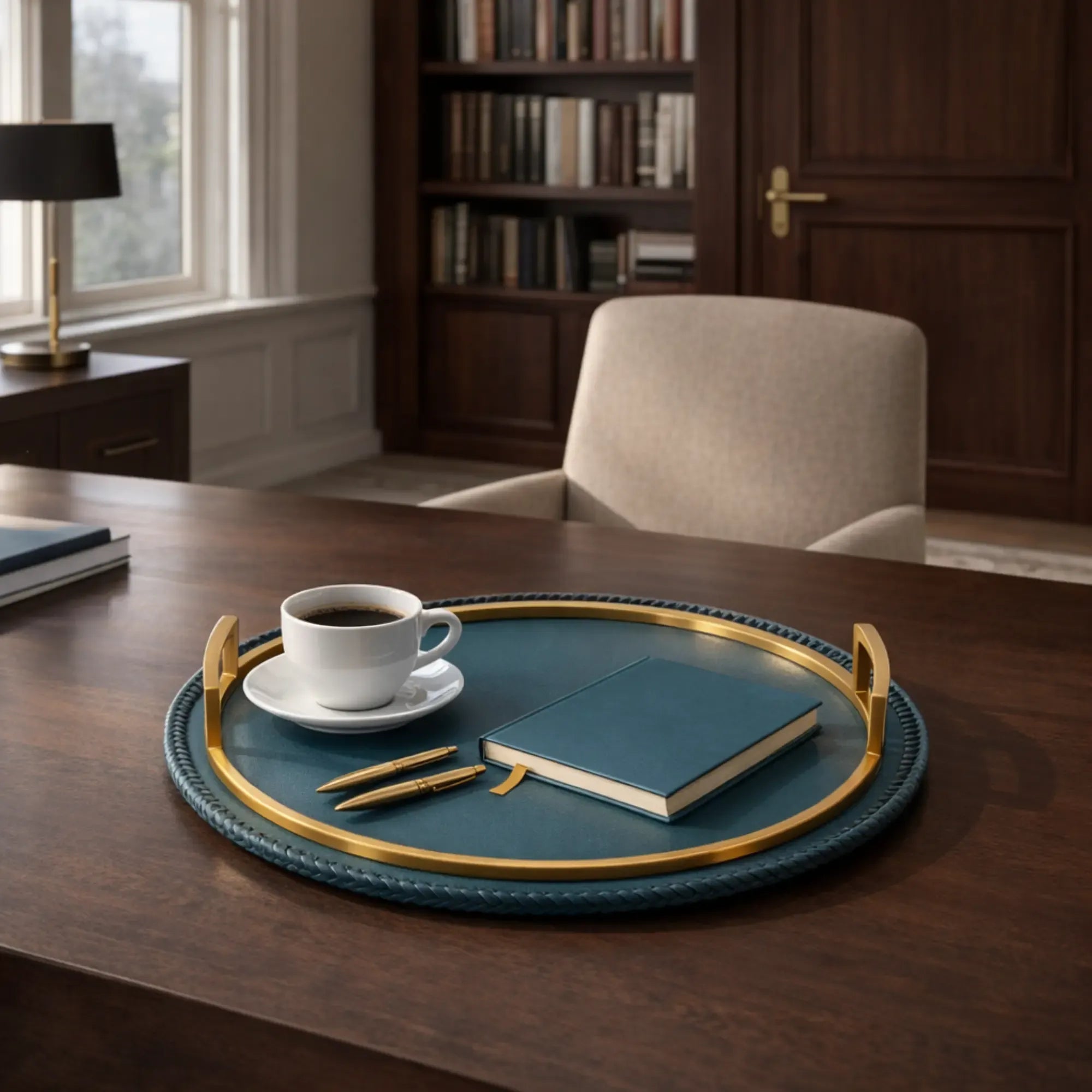 Serviertablett - Rundes Tablett – Kunstleder Petrol mit Griffen, handgenähte Serviertablage – Designobjekt Doré Nan