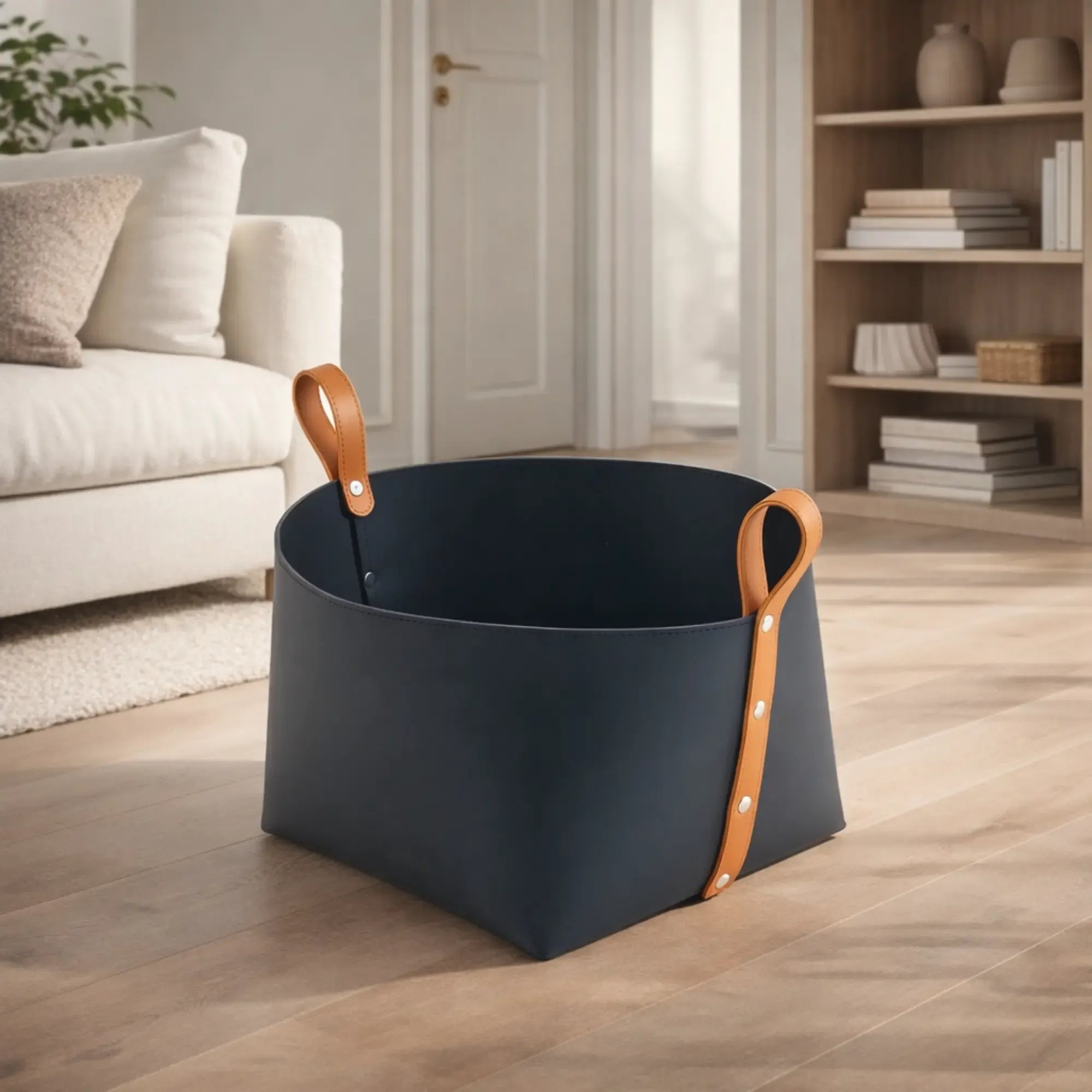 Wäschekorb - Lederkorb Skulpturaler Aufbewahrungskorb – Nachtblaues Leder mit cognacfarbenen Riemengriffen – Handgefertigtes Designobjekt Arca Nan