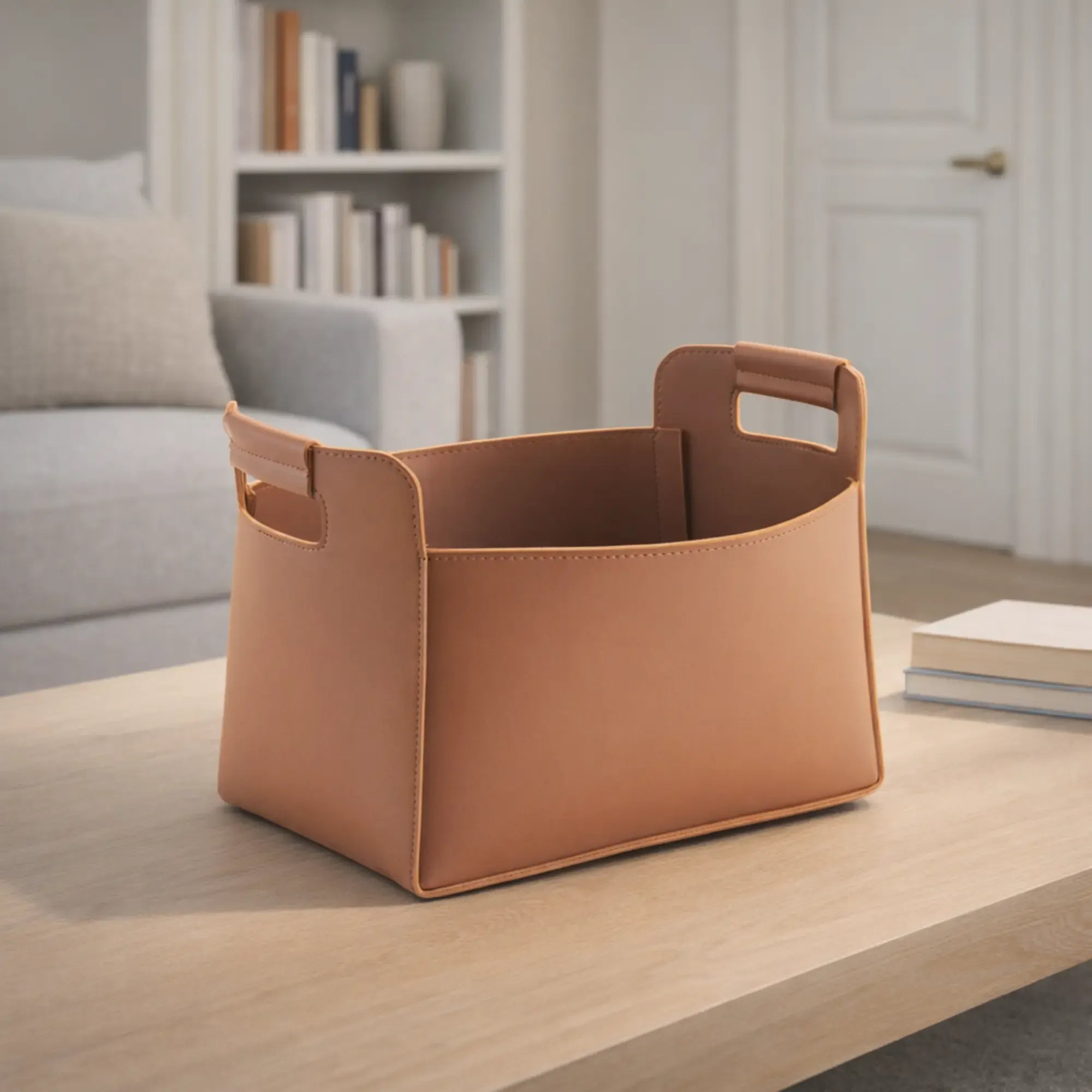 Aufbewahrungskorb - Lederkorb Skulpturaler Organizer – cognacfarbene Lederoptik, handvernäht – Cut-out-Griffe mit Polsterung Arca Nan