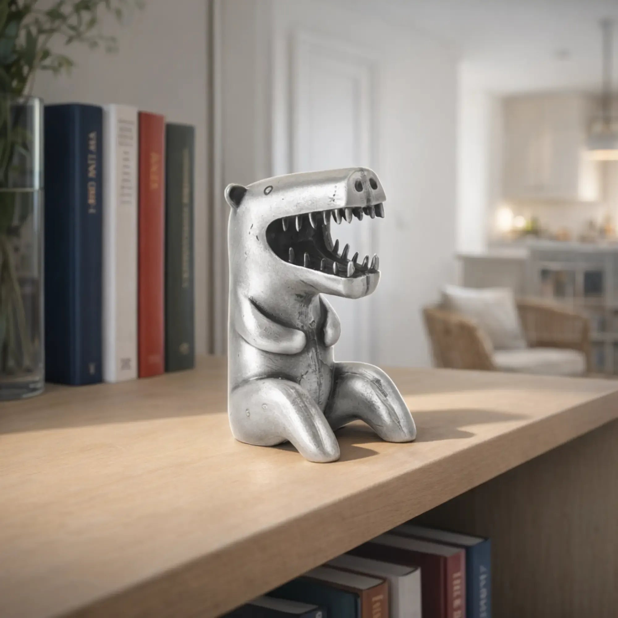 Cartoonfigur - Dino T-Rex Skulptur – Metallguss Dekofigur Silber – Abstrakte Dinosaurier Sammler-Deko Bestia Nan