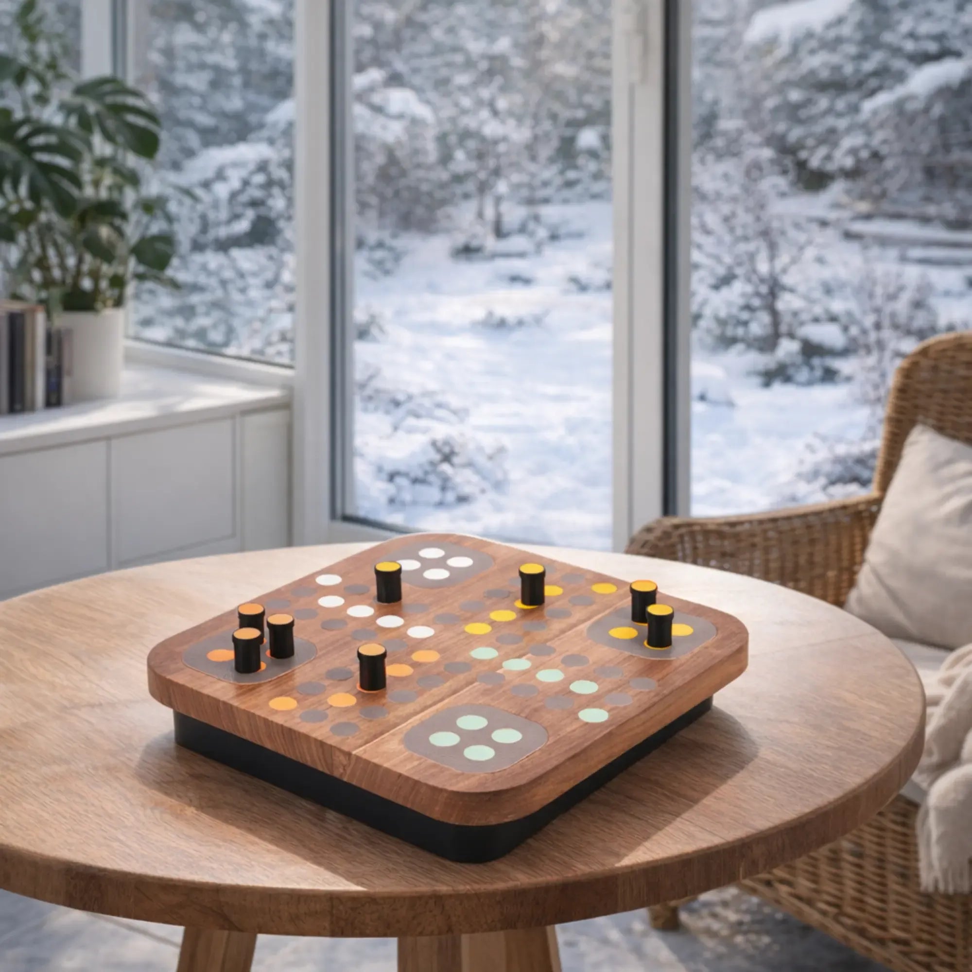 Solitaire-Spiel - Edles Design-Tischspiel aus Holz – Peg-Solitär auf mattschwarzem Sockel – Modernes Raster-Brettspiel – Ludus Équilibre Nan