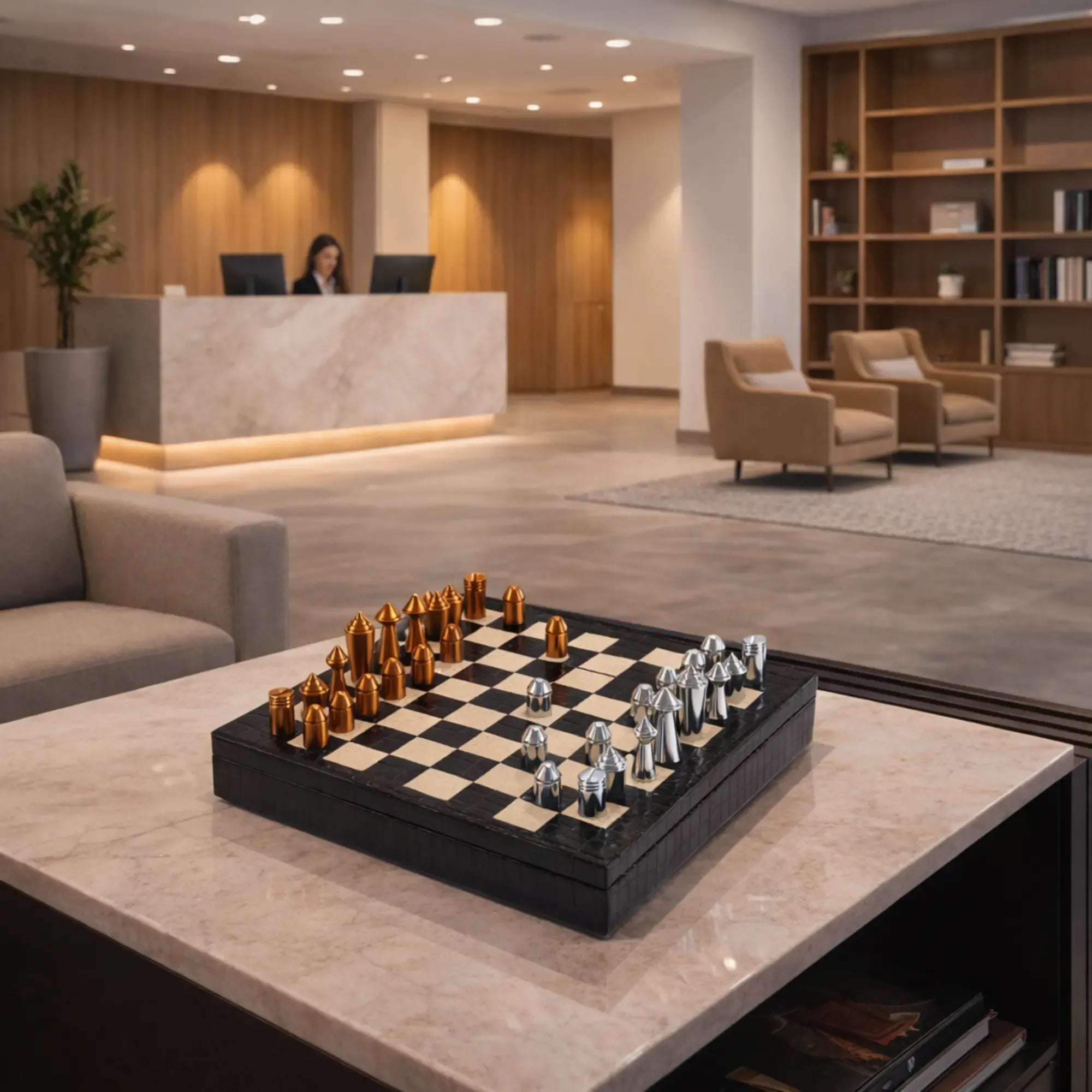 Schachspiel - Design-Brettspiel – Metall-Schach auf strukturiertem Lederkorpus, Chrom & Kupfer – Échecs Aurea Nan