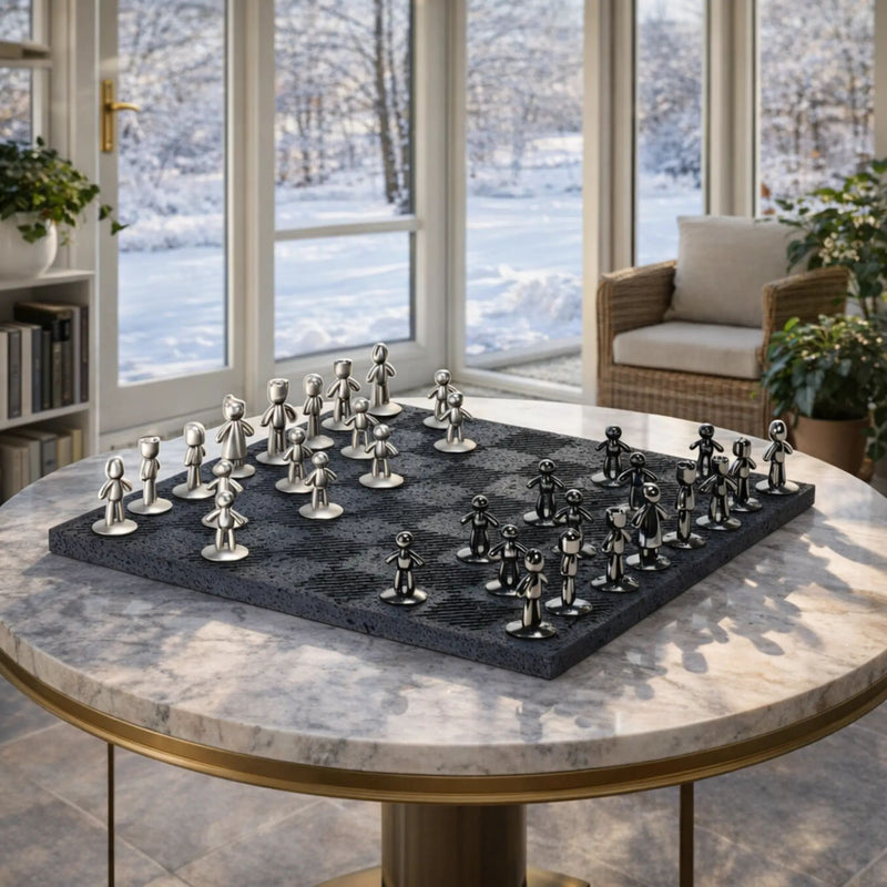 Schachspiel - Design-Spiel Skulpturales Metall auf Strukturbrett – Modernes Schachbrett mit polierten Figuren Equilibrio