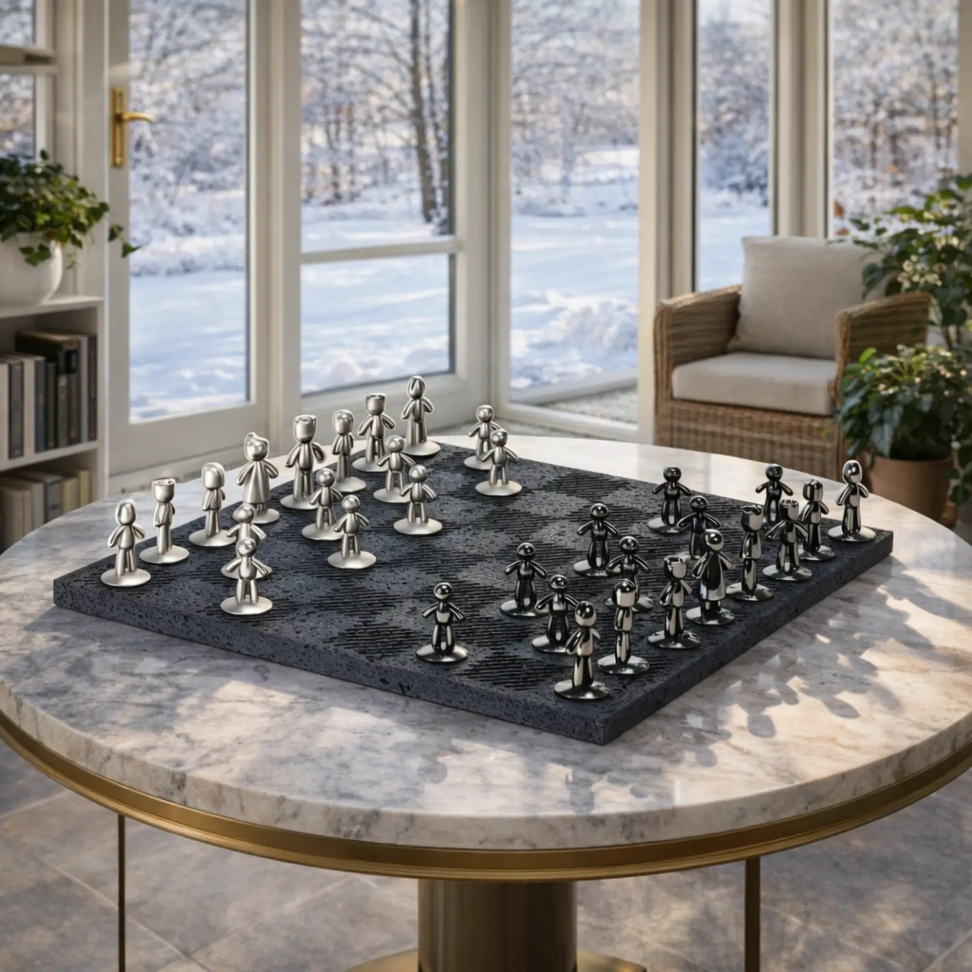 Schachspiel - Design-Spiel Skulpturales Metall auf Strukturbrett – Modernes Schachbrett mit polierten Figuren Equilibrio Nan