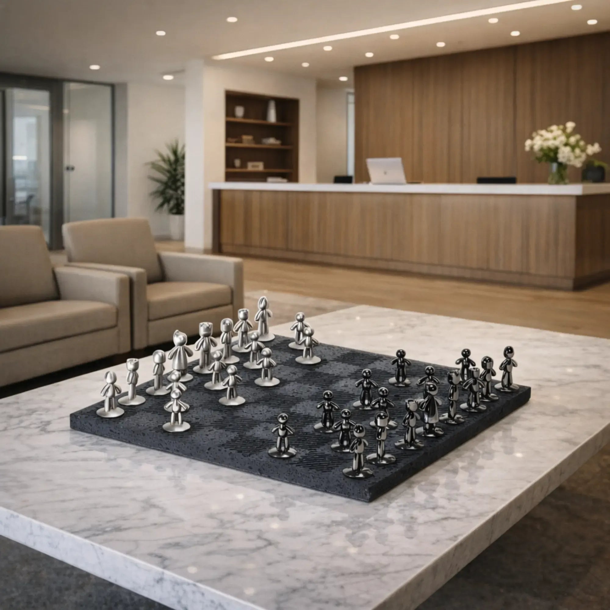 Schachspiel - Design-Spiel Skulpturales Metall auf Strukturbrett – Modernes Schachbrett mit polierten Figuren Equilibrio Nan