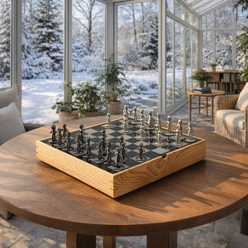 Schachspiel - Skulpturales Brettspiel aus Metall & Holz – Modernes Schach-Set mit figurativen Figuren – Persona Échecs