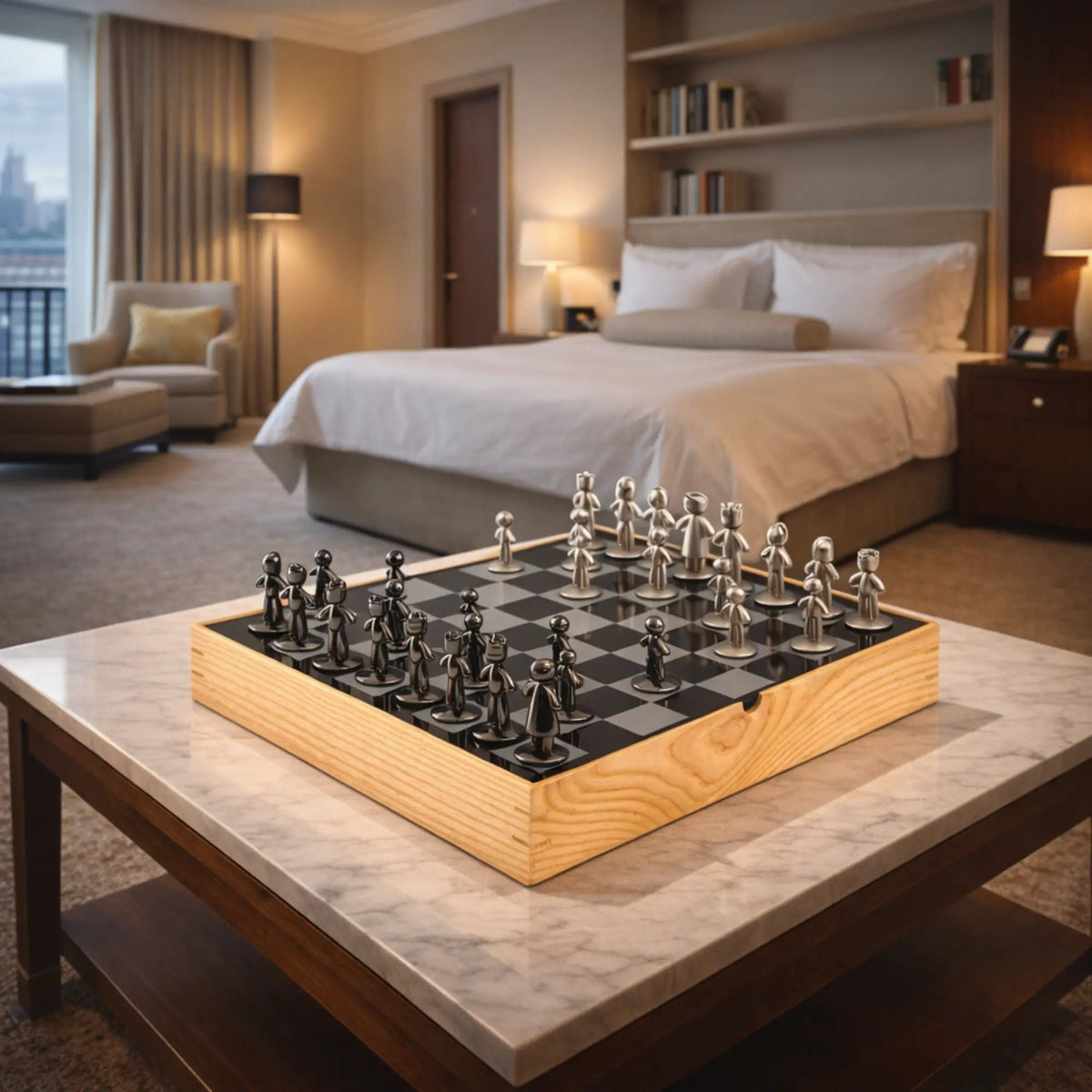 Schachspiel - Skulpturales Brettspiel aus Metall & Holz – Modernes Schach-Set mit figurativen Figuren – Persona Échecs