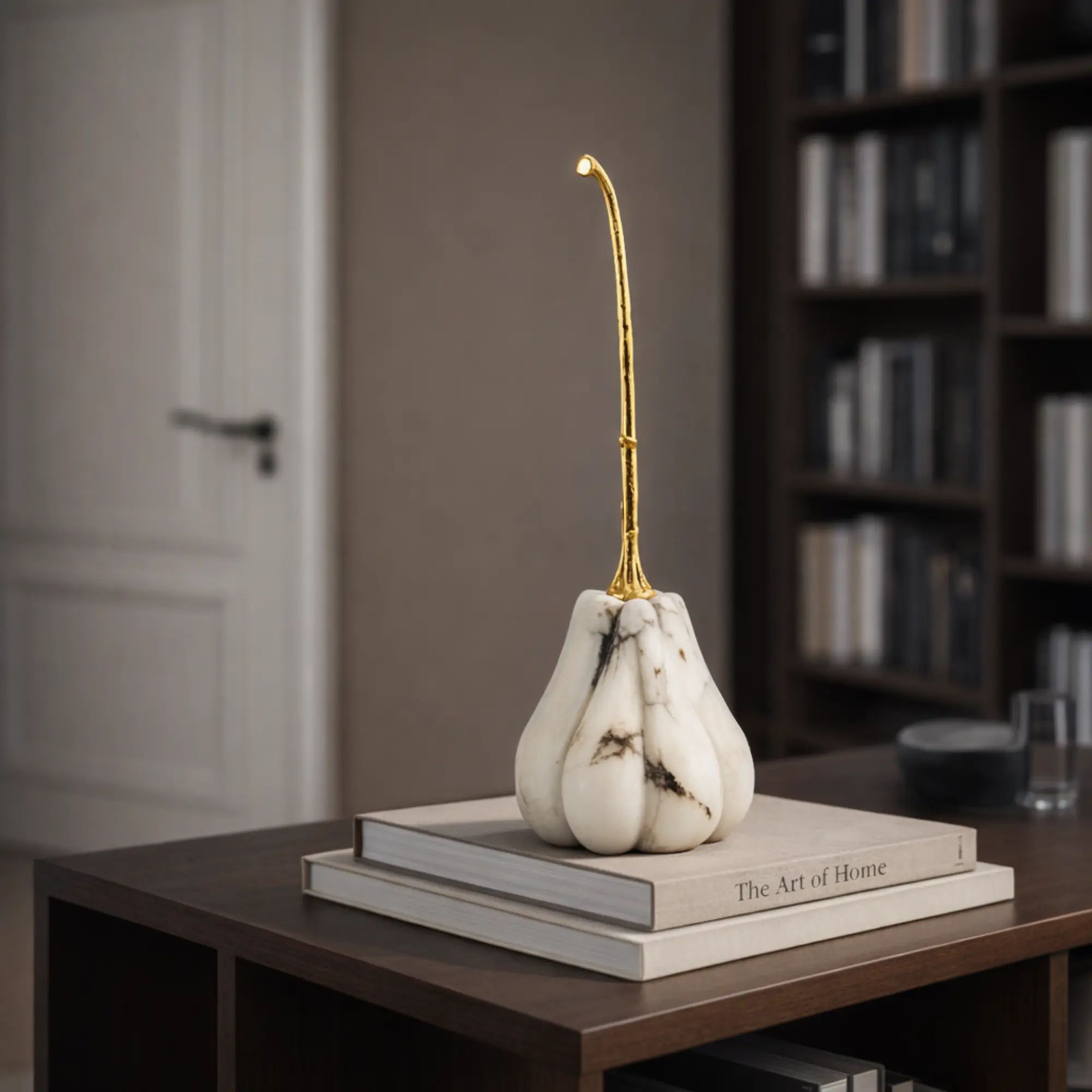Kürbisfigur - Skulptur Puristisch – Weißer Marmor mit vergoldetem Stiel – Kürbis Deko-Objekt Aurum Cucurbita Kürbis-Lang