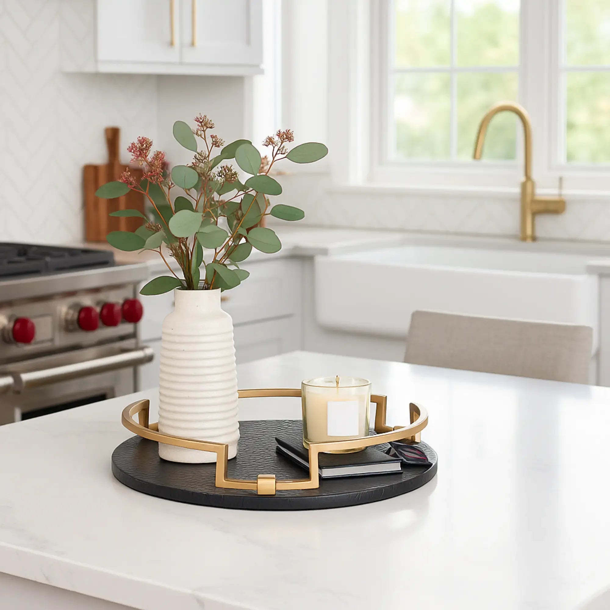 Serviertablett - mit Griff Lederoptik - Dekoratives Tablett rundes Tablett Eclipse Noir Default Title