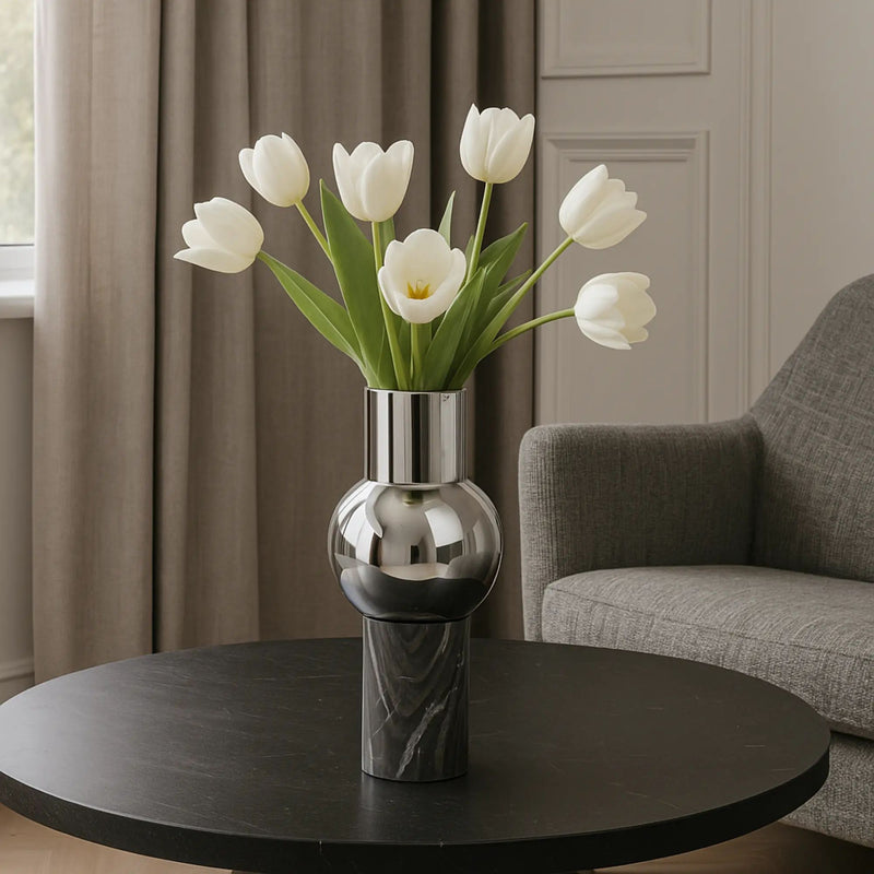 Vase - mit Marmorgestell - Runde Tischvase Edelstahlvase Fatroly
