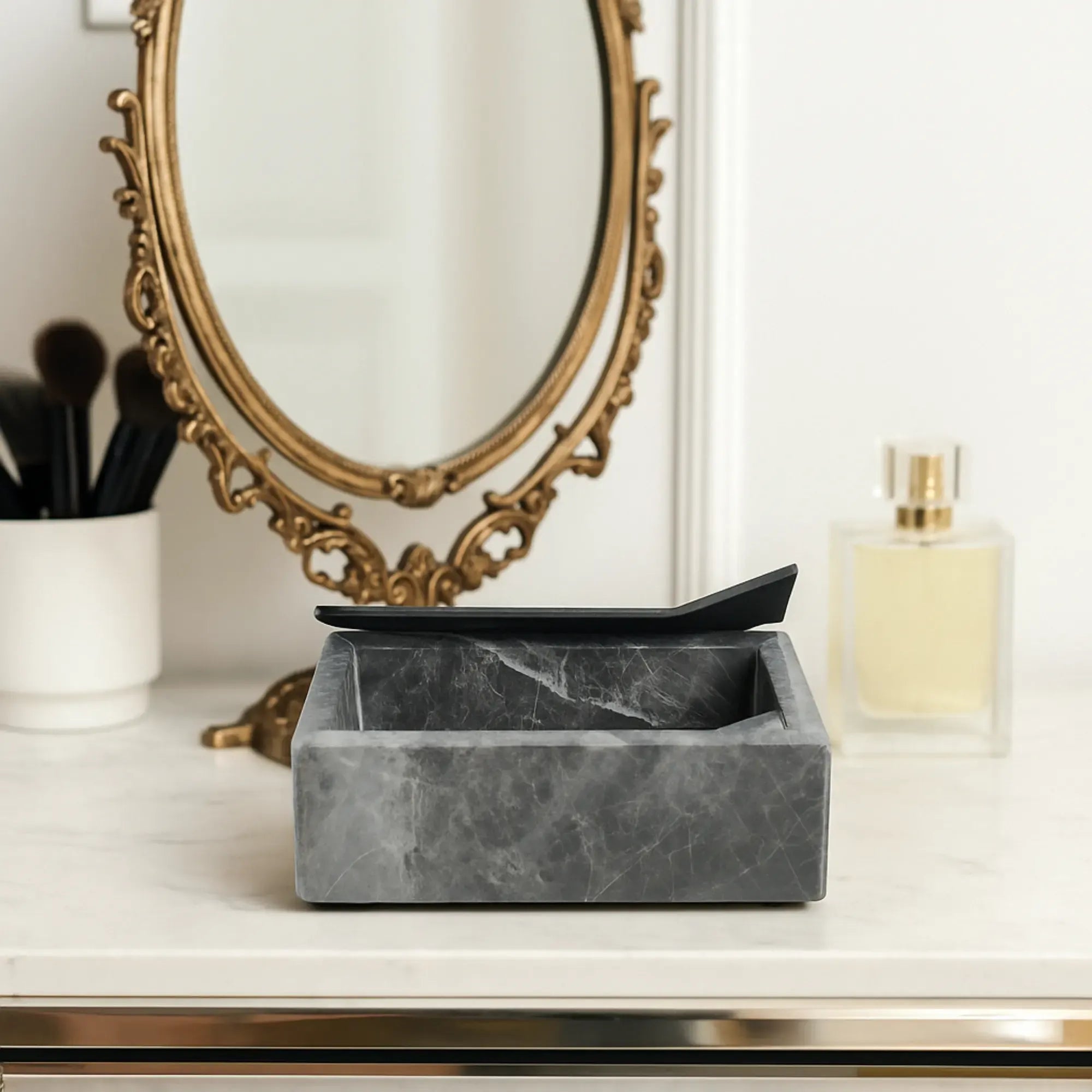 Schmuckdose - Marmor Schmuckkästchen mit Deckel - Edle Schmuckaufbewahrung Marmor Ablage Obsidian Vault