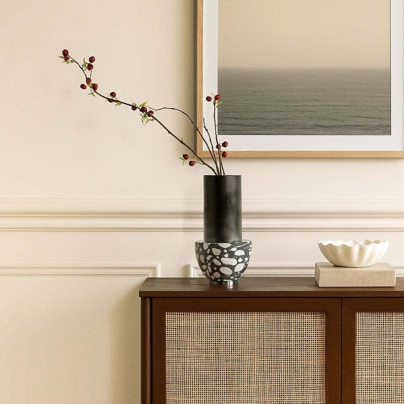 Edelstahlvase - mit Marmor - Runde Designervase Gebürstet Noble