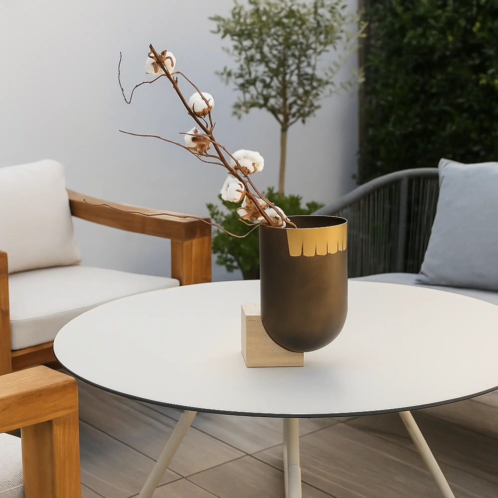 Vase - mit Travertinsockel - Bronze Standvase Design Tischdeko Vase Romano