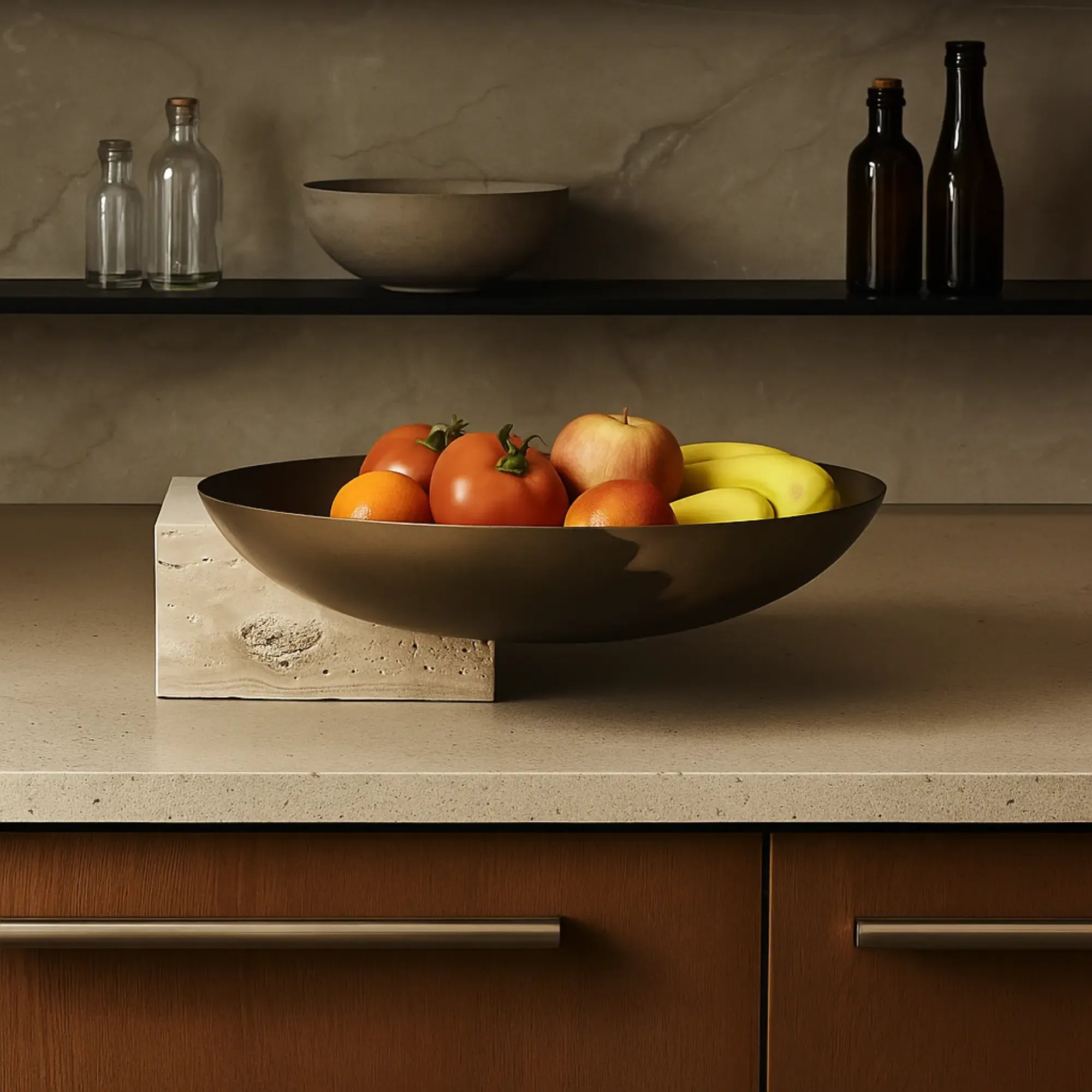 Runde-Schale - mit Travertinsockel - Unikale Dekoschale bronze Obstschale Romano