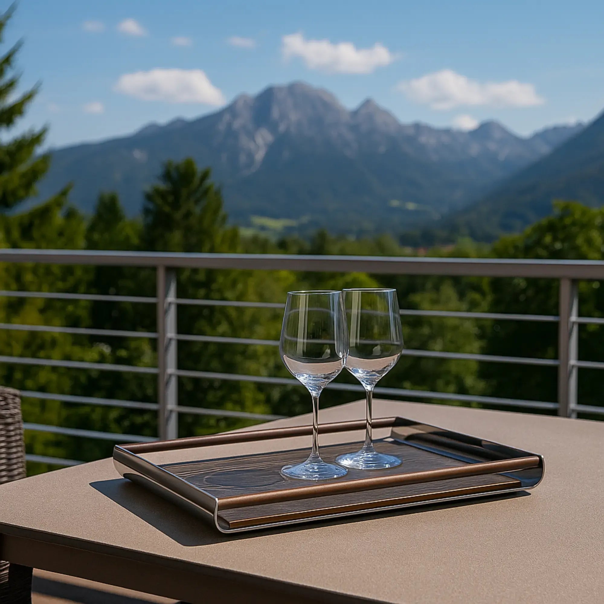 Serviertablett - rechteckig mit Holzgriffen - Holz-Edelstahltablett Deko-Tablett Holzmaserung Tray Perfecta