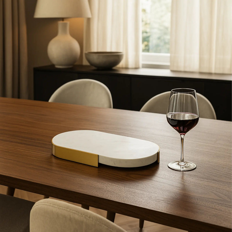 Marmortablett - oval mit Goldkante - Luxus Serviertablett Dekorationsplatte Plateau Élégance