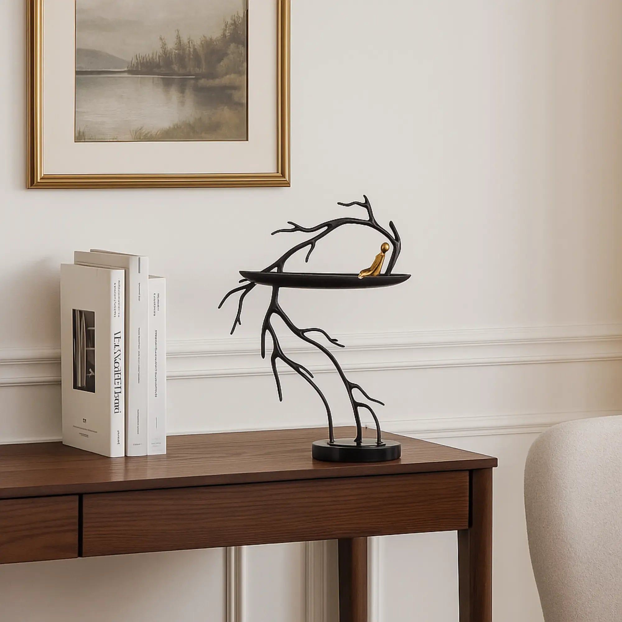 Dekofigur - mit Baum und Boot - Metall Deko Skulptur Rameur