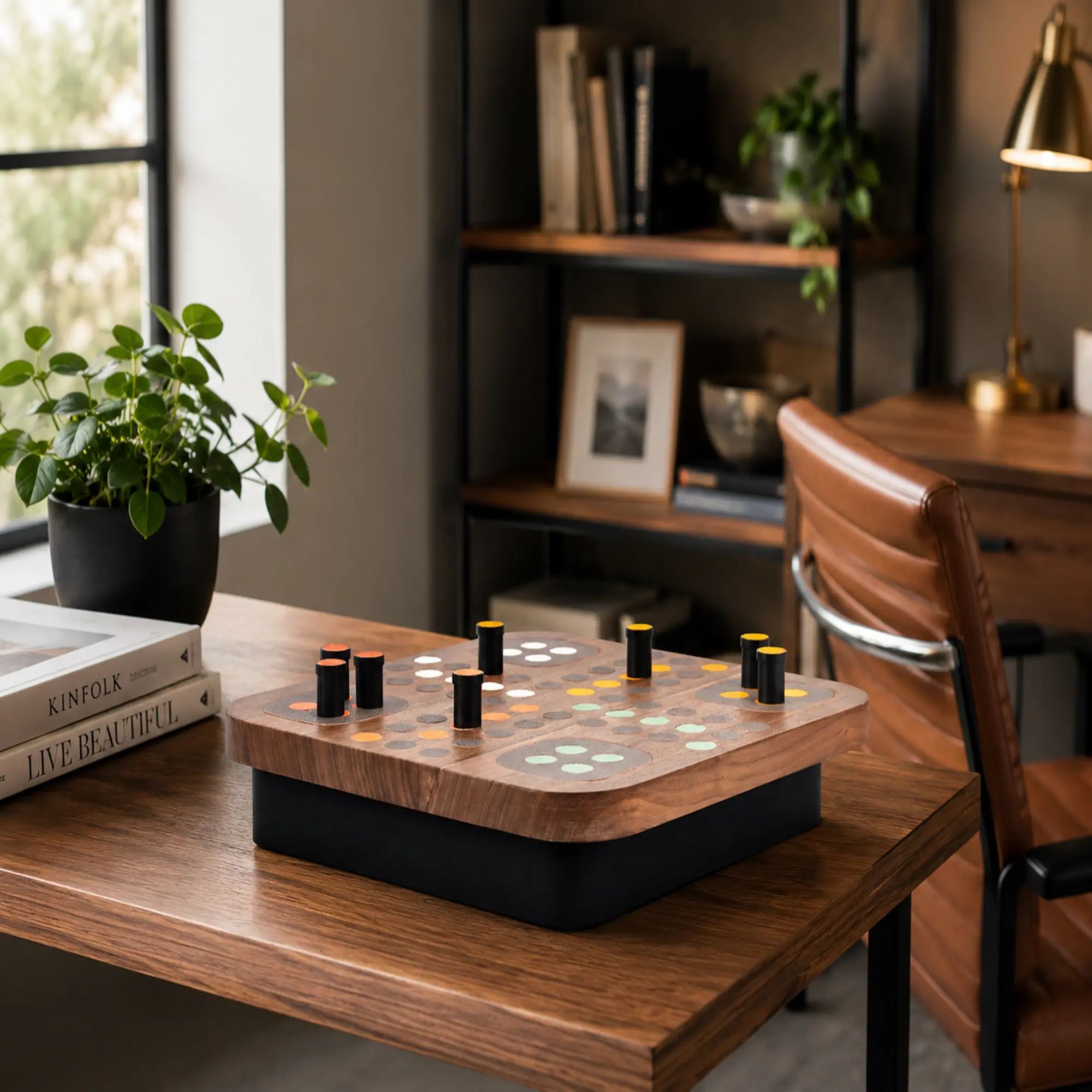 Solitaire-Spiel - Edles Design-Tischspiel aus Holz – Peg-Solitär auf mattschwarzem Sockel – Modernes Raster-Brettspiel – Ludus Équilibre Nan