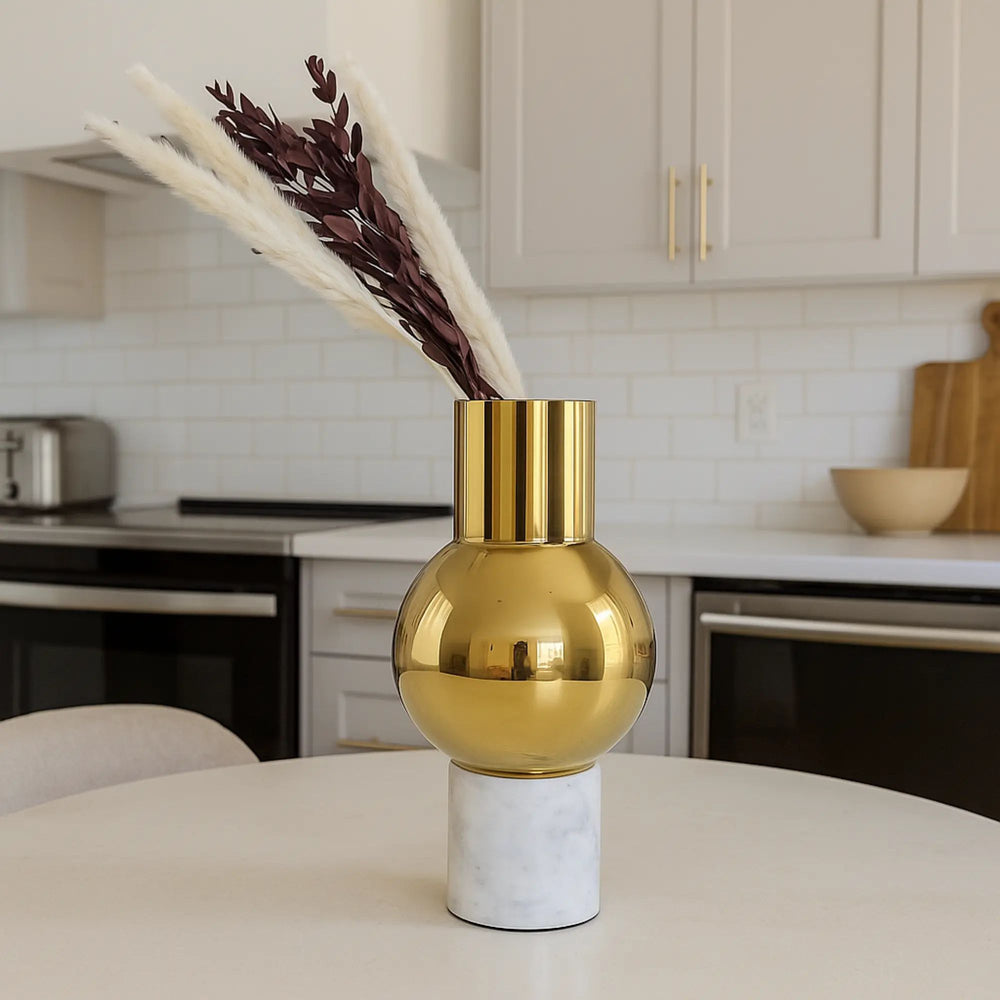 Vase - mit Marmorgestell goldene - runde Tischvase Edelstahlvase Fatroly Goldi