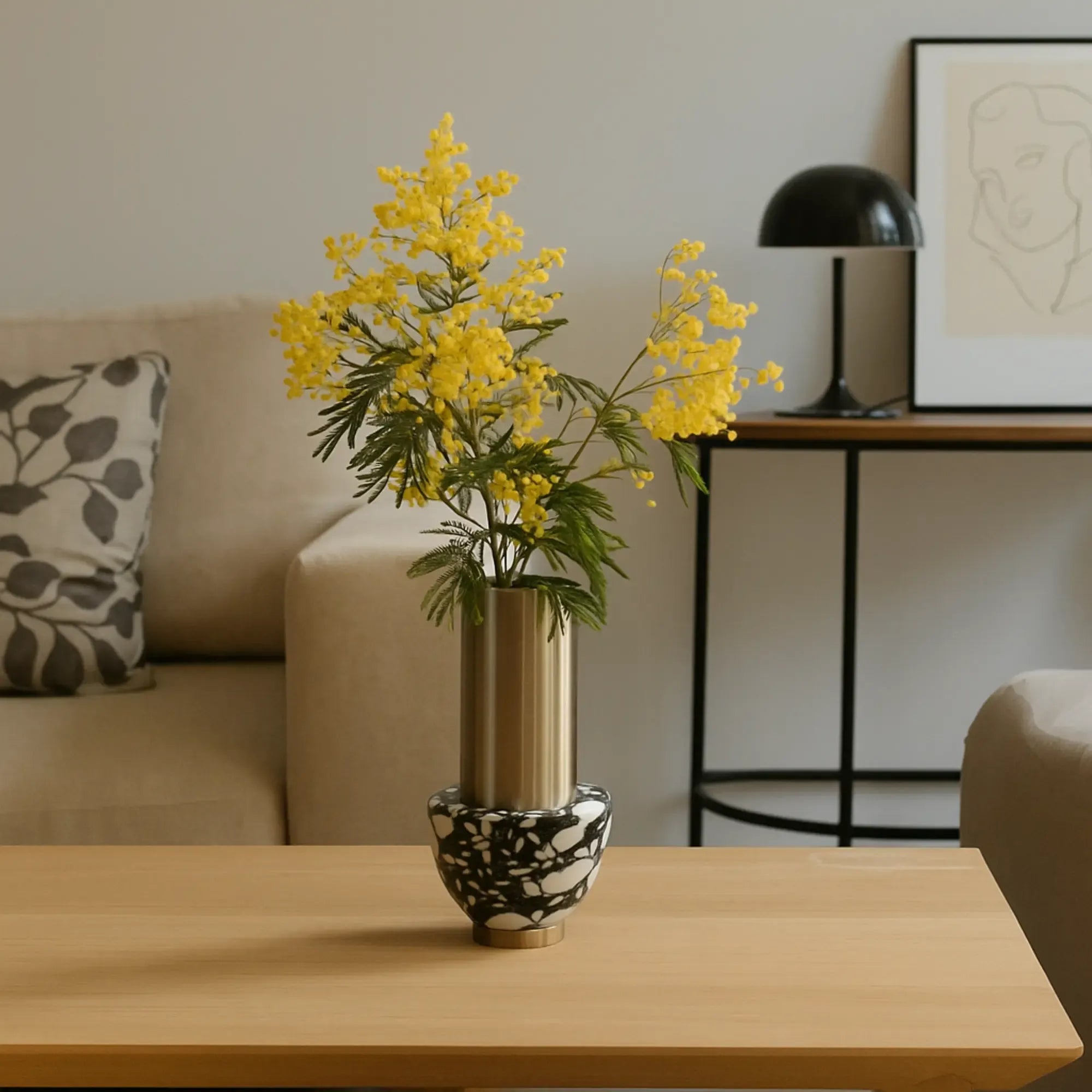 Edelstahlvase - mit Marmor - Runde Designervase Gebürstet Noble Gold