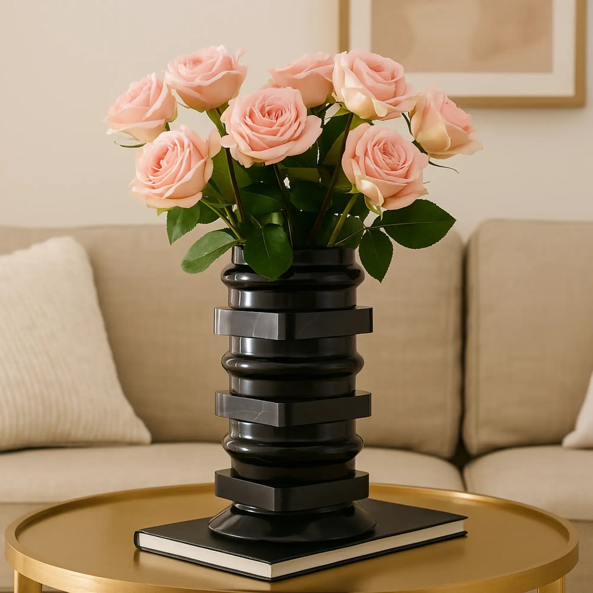 Marmordeko - mit Dekosäule - schwere runde Dekovase Fortaleza schwarz