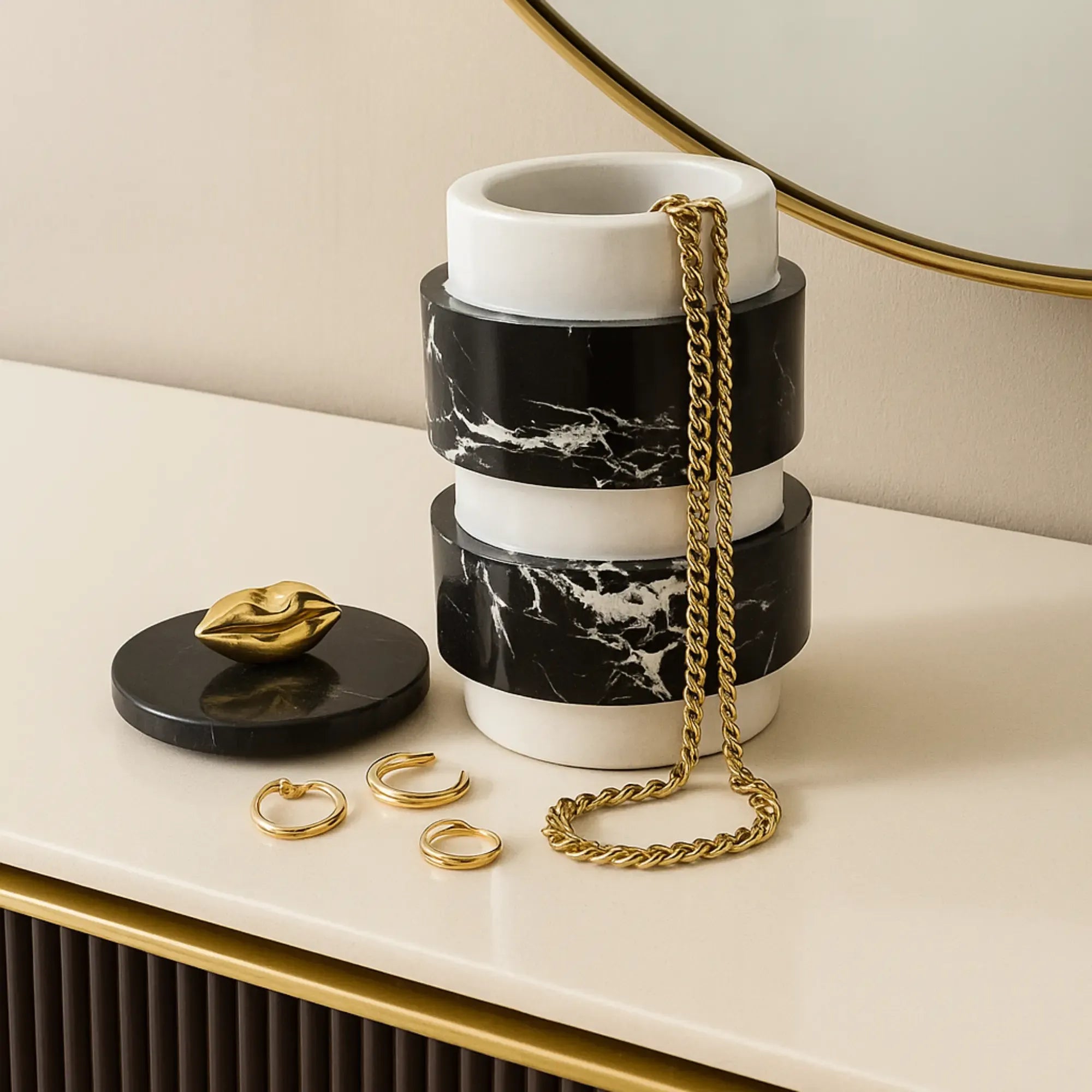 Schmuckkästchen - mit Deckel rund - Design Marmordose Dekorative Schmuckaufbewahrung Piernas Noir