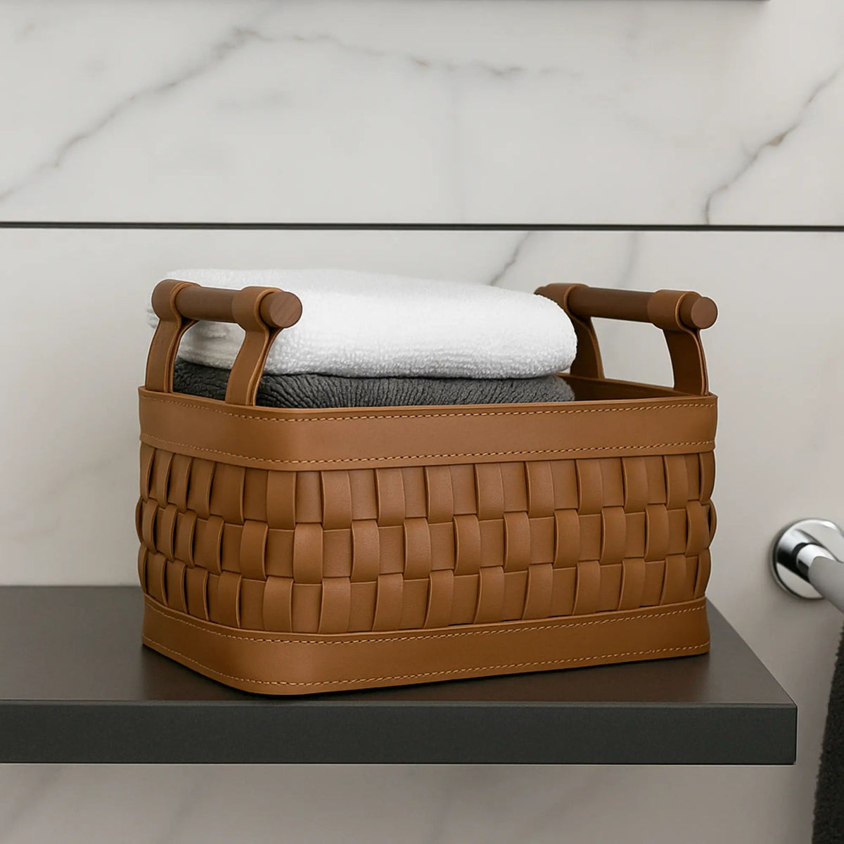 Aufbewahrungskorb - Lederkorb geflochten mit Holzgriffen – Aufbewahrungskorb Kosmetik Organizer Panier