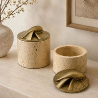 Aufbewahrungsbox - Schmuckdose aus Naturstein mit Messing-Deckel - Runde Design-Dose Aurea Travertina