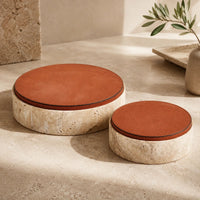 Aufbewahrungsbox - rund mit Lederdeckel - Terracotta Aufbewahrungsdose Naturstein Schmuckkästchen Linea Luxe