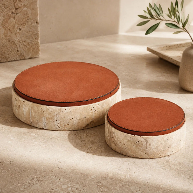 Aufbewahrungsbox - rund mit Lederdeckel - Terracotta Aufbewahrungsdose Naturstein Schmuckkästchen Linea Luxe