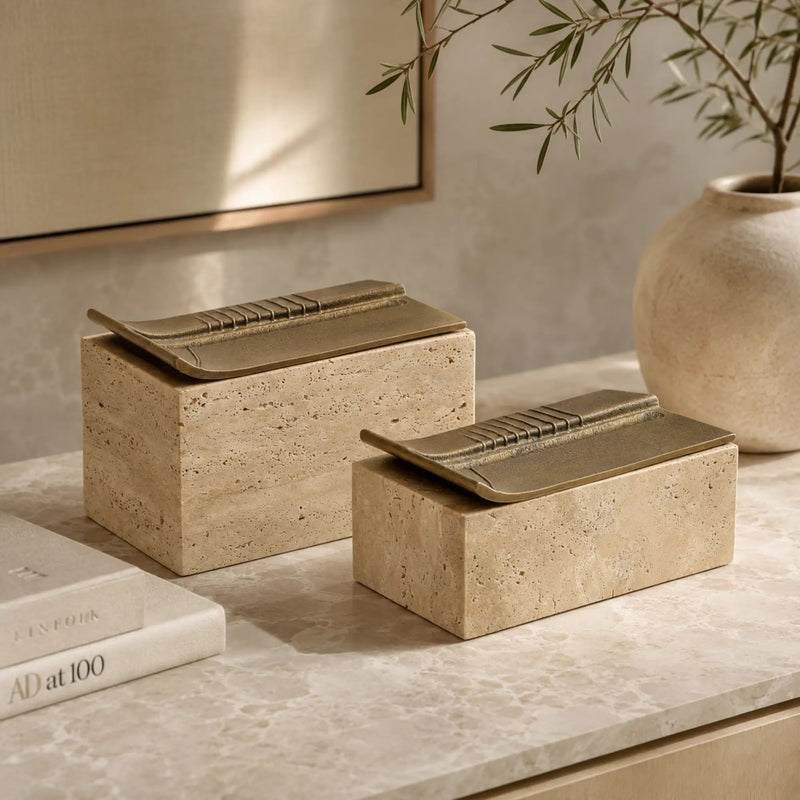 Aufbewahrungsbox - Schmuckdose aus Naturstein mit Messing-Deckel - Rechteckige Designbox Zeitlose Ablage Cassetta Aurea