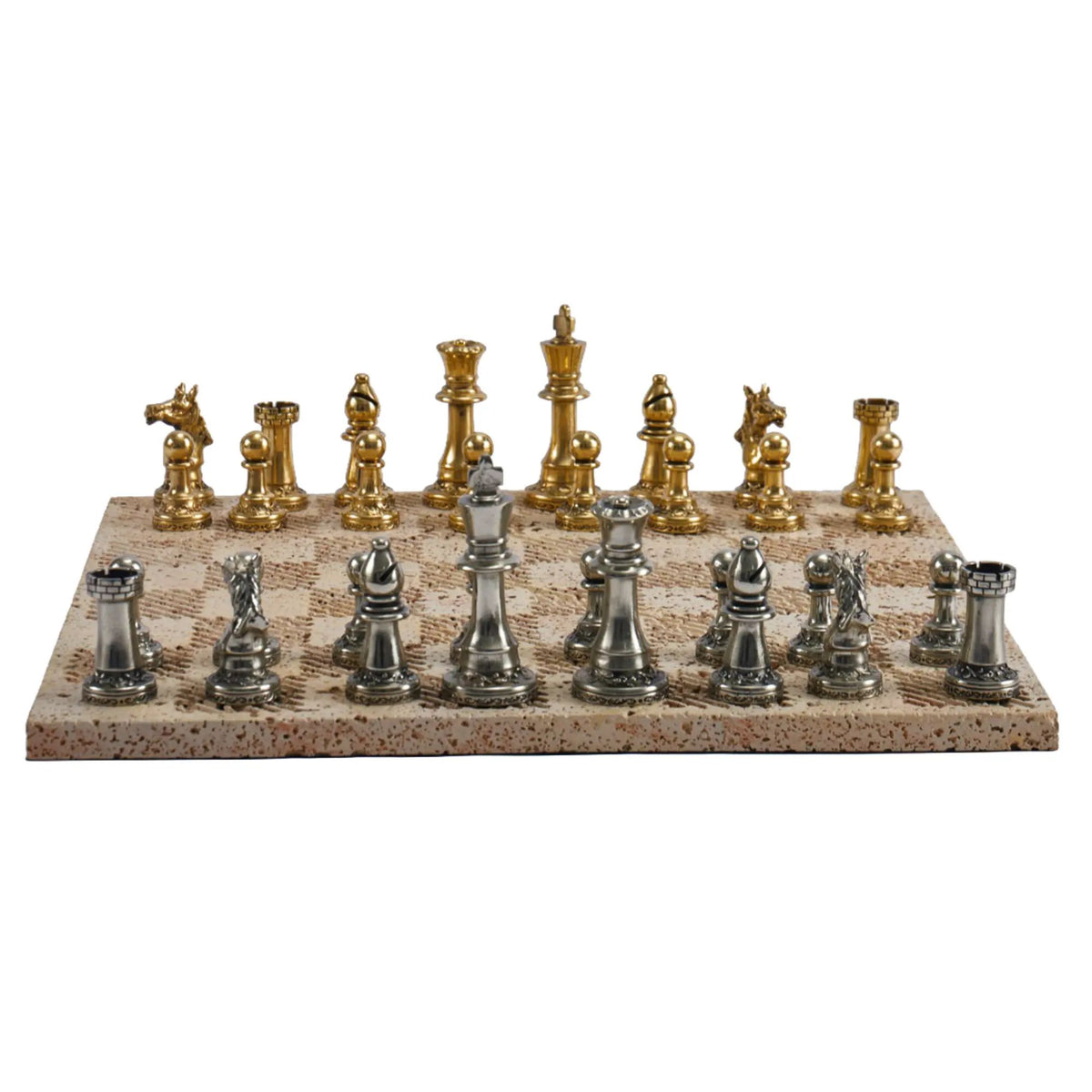 Schachspiel - Erlesenes Brettspiel – Schach-Set auf Steinplatte mit Metallfiguren in Gold & Silber Aurea Argentum Classique