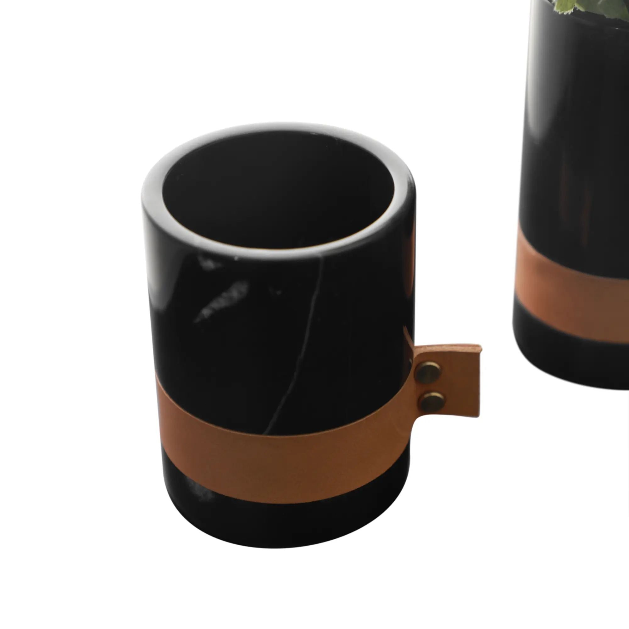 Marmorvase - rund mit Lederakzent - Kleine Tischvase Deko-Vase Stifthalter Marble Luxe Schwarz-Klein