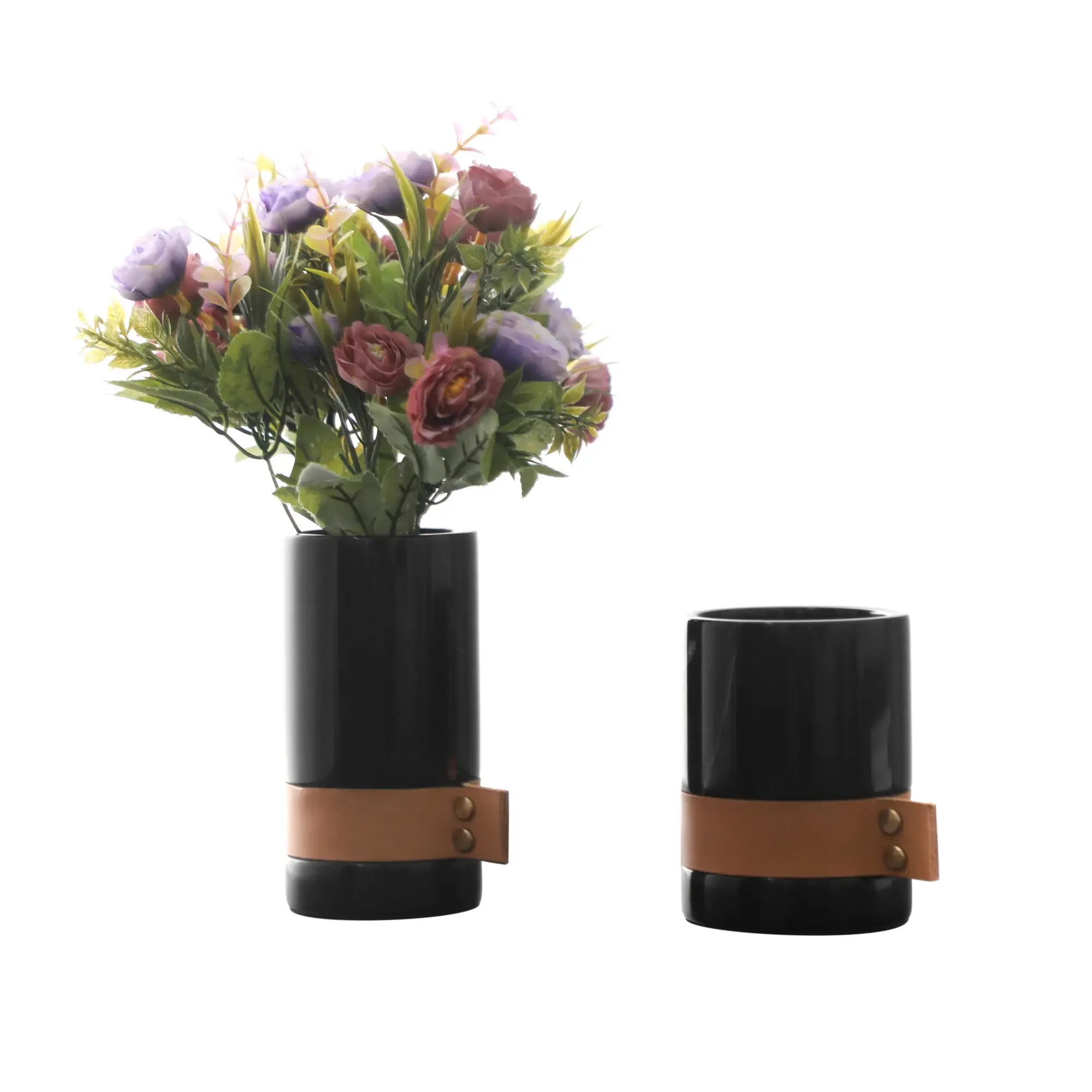 Marmorvase - rund mit Lederakzent - Kleine Tischvase Deko-Vase Stifthalter Marble Luxe Schwarz-Groß