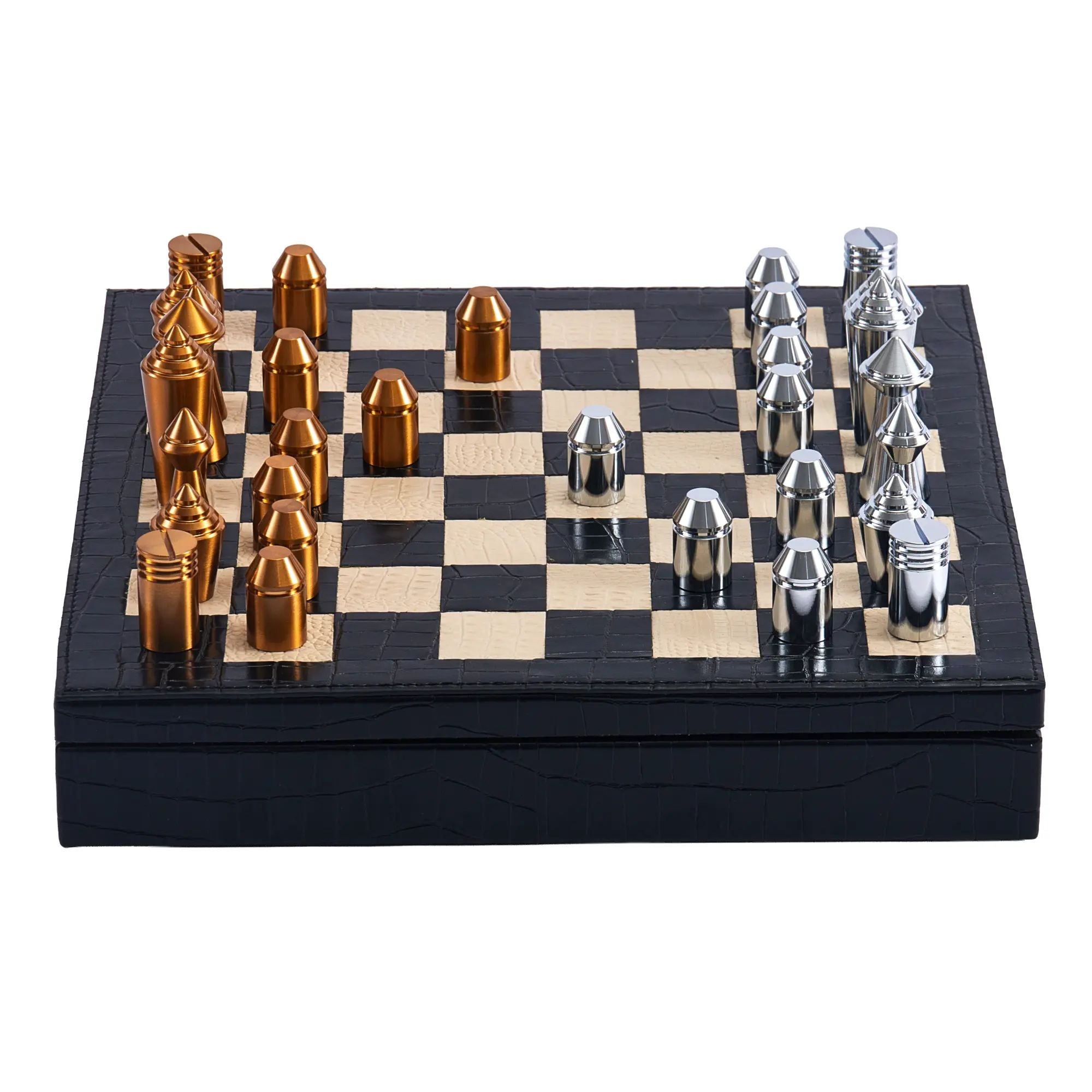 Schachspiel - Design-Brettspiel – Metall-Schach auf strukturiertem Lederkorpus, Chrom & Kupfer – Échecs Aurea Nan