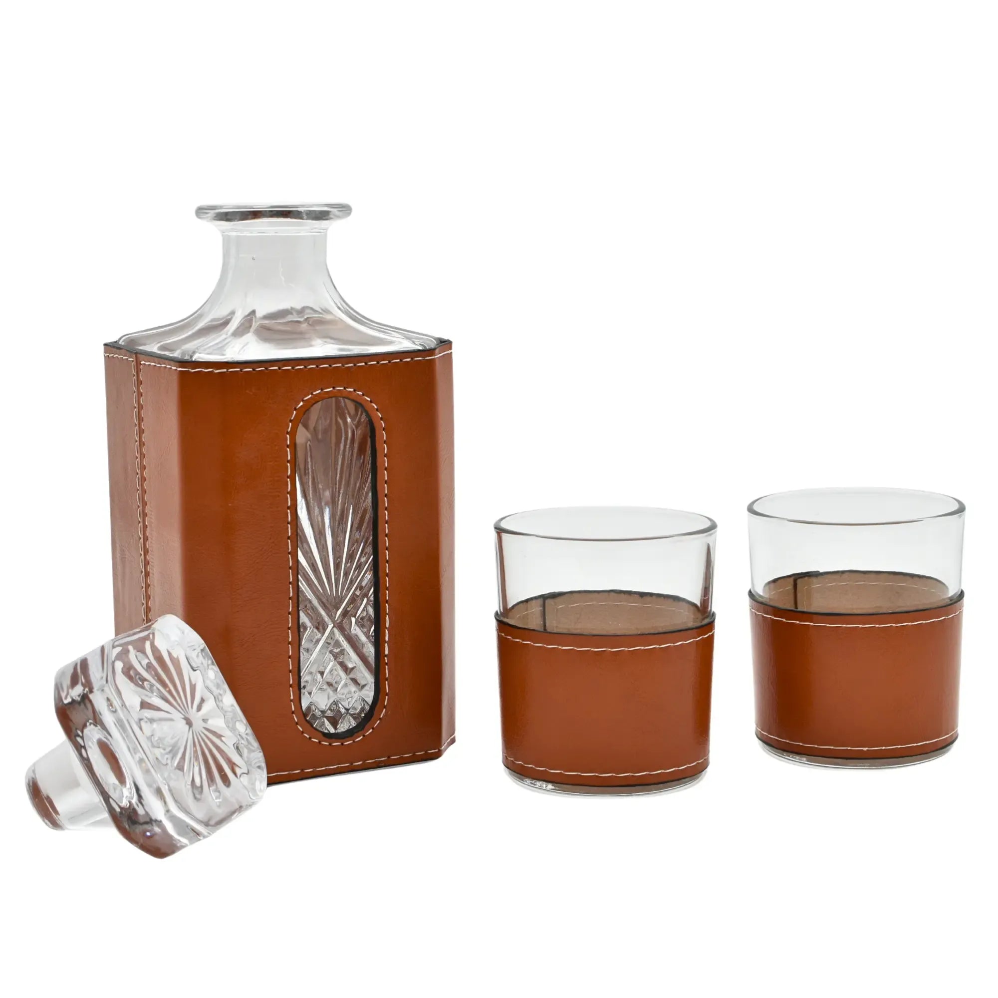 Whisky-Karaffen-Set - aus 3 Teilen mit Leder - Modernes Whiskyglas-Set Kunstlederumrandung Luxe Cognac