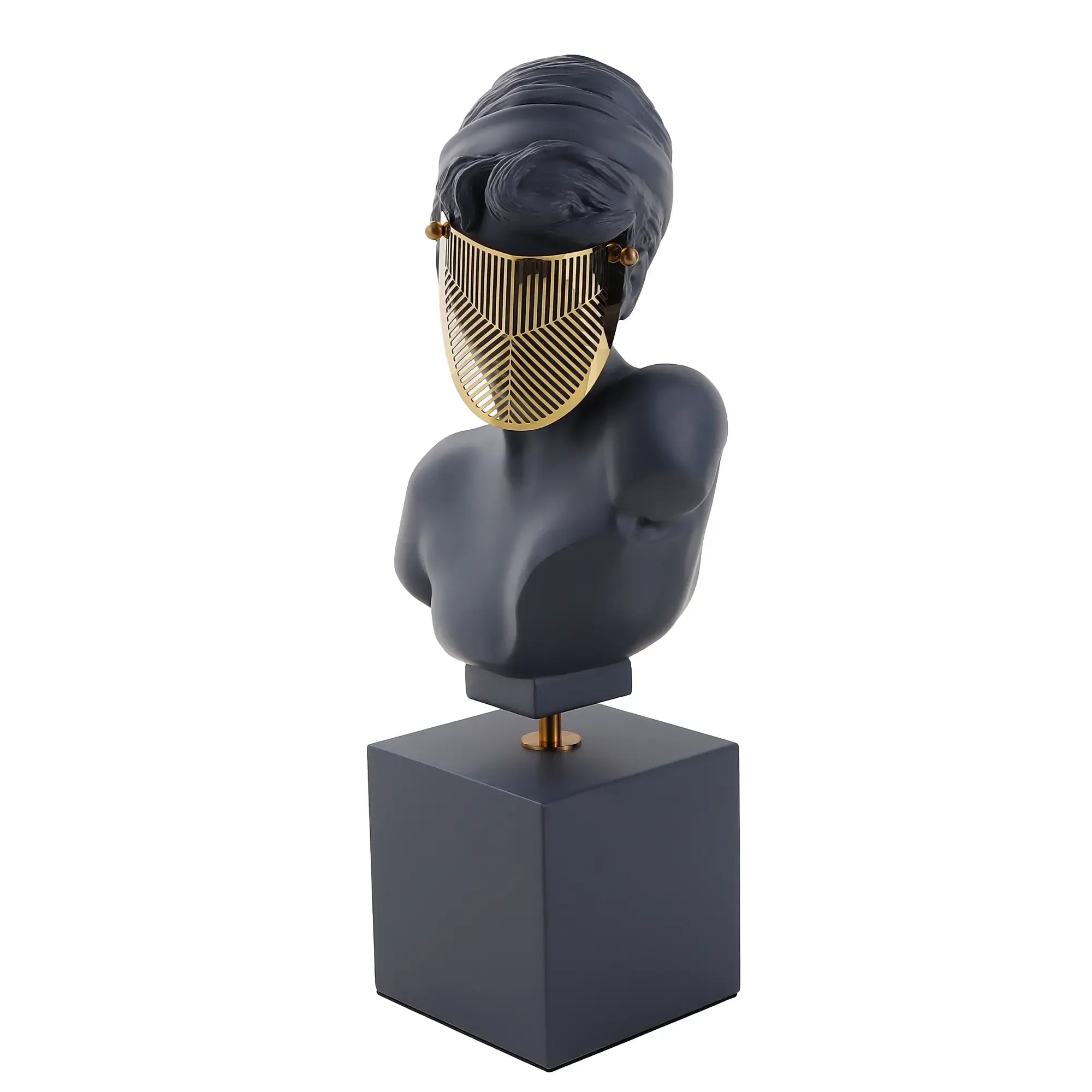 Dekobüste - Skulptur ausdrucksstarke Damenbüste – mattschwarze Kunstharz-Figur mit goldener Visierblende auf Sockel – Art-Déco Deko-Objekt Muse Aurata Nan