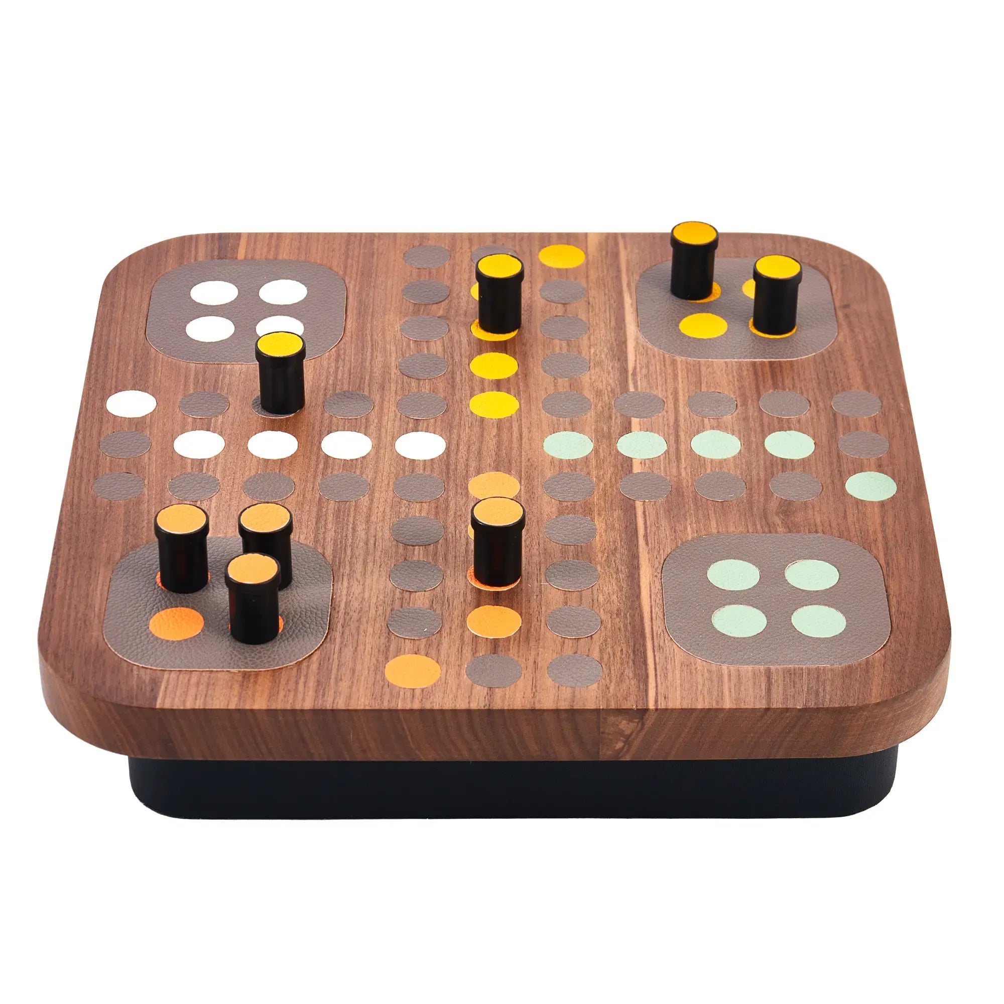 Solitaire-Spiel - Edles Design-Tischspiel aus Holz – Peg-Solitär auf mattschwarzem Sockel – Modernes Raster-Brettspiel – Ludus Équilibre Nan