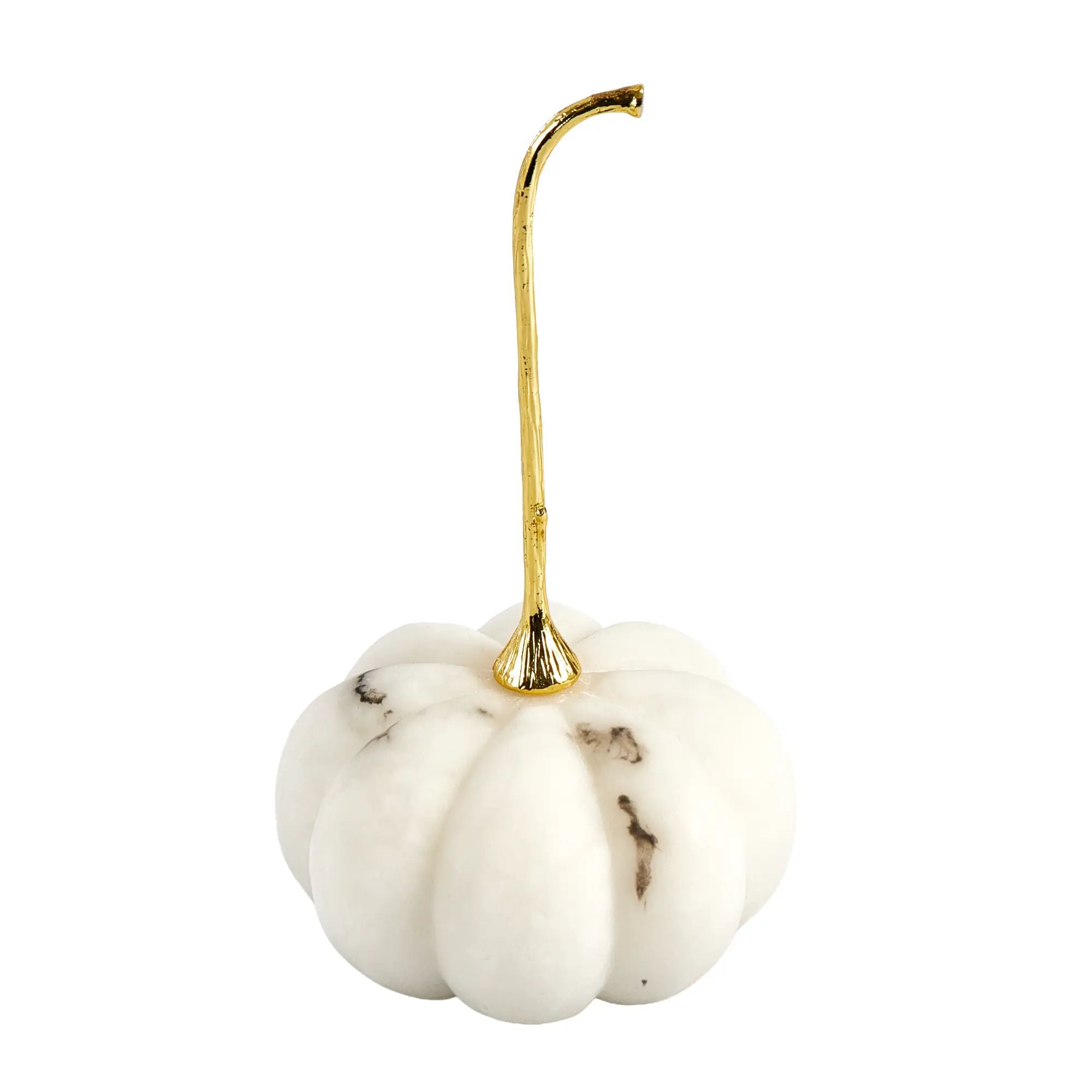 Kürbisfigur - Skulptur Puristisch – Weißer Marmor mit vergoldetem Stiel – Kürbis Deko-Objekt Aurum Cucurbita Kürbis-Breit