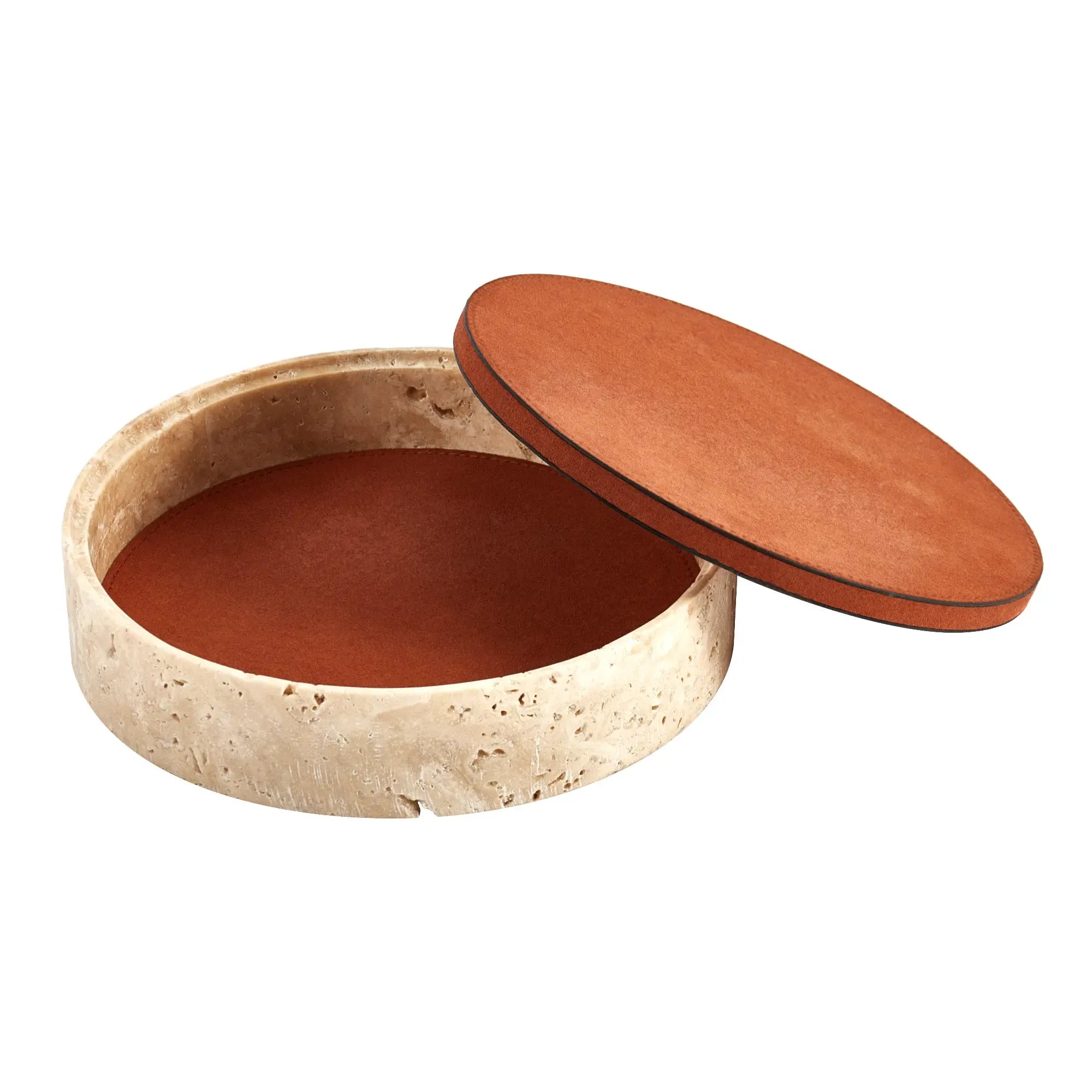 Travertin-Dose - rund mit Lederdeckel - Terracotta Aufbewahrungsdose Naturstein Schmuckbox Linea Luxe