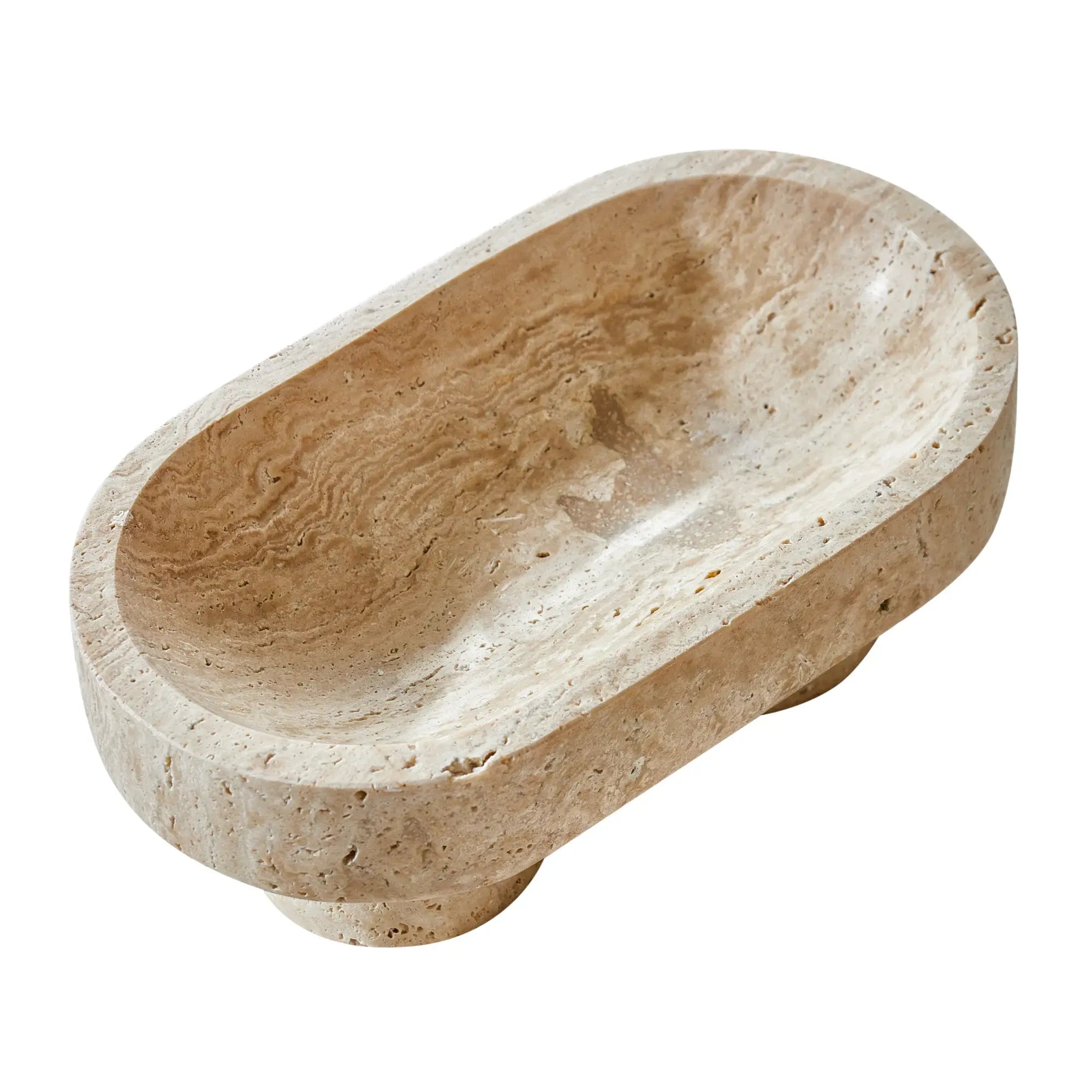 Travertin-Schale - oval auf 2 Füßen - Dekoration- Küchenschale Argos