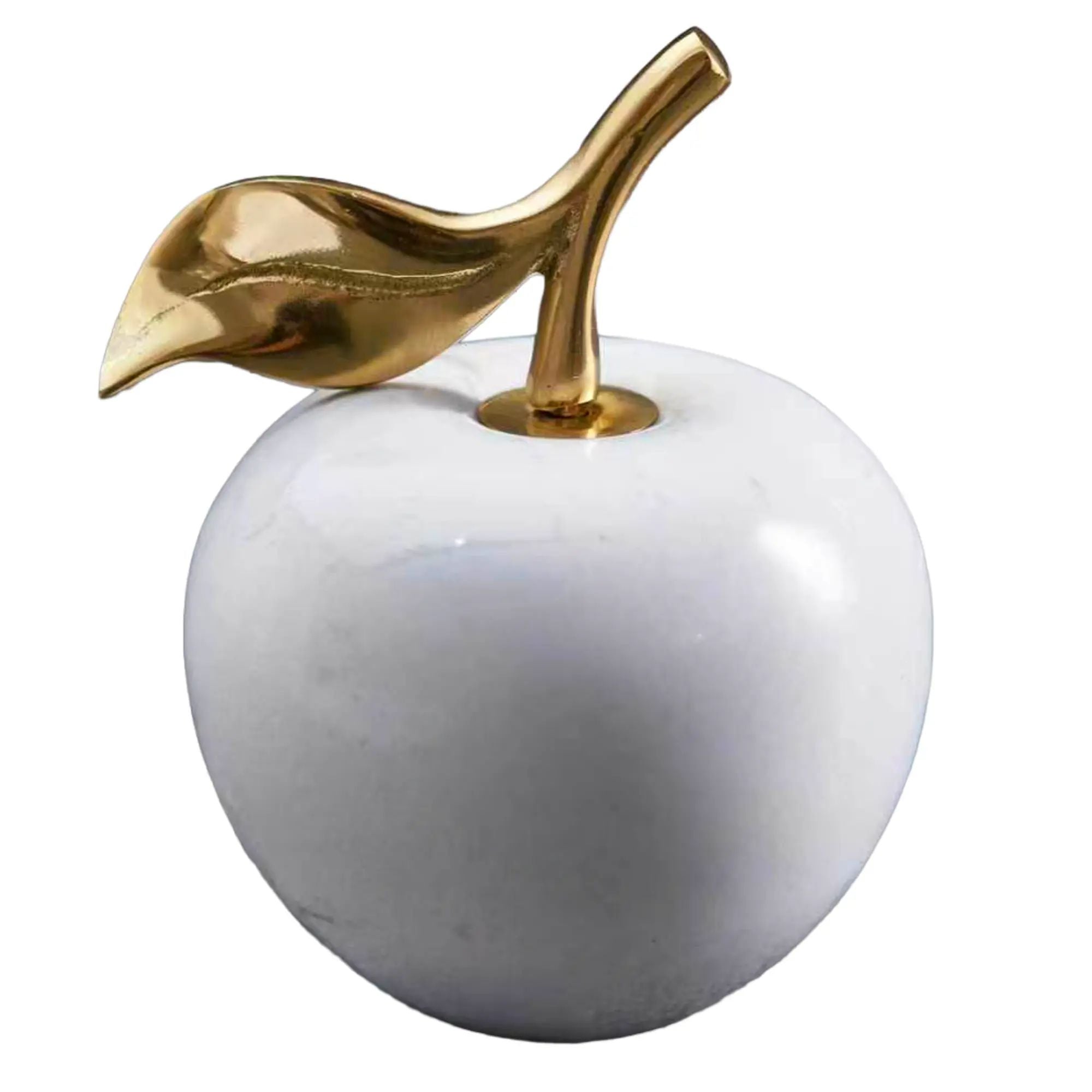 Apfelfigur - aus Marmor mit Goldakzent - Skulpturales Deko-Objekt – Weißer Marmorapfel mit vergoldetem Messingblatt – Polierte Steinskulptur Pomum Aureum Nan