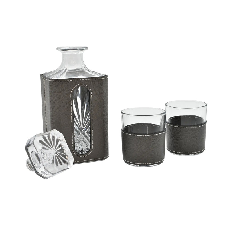 Whisky-Karaffen-Set - aus 3 Teilen mit Leder - Modernes Whiskyglas-Set Kunstlederumrandung Luxe