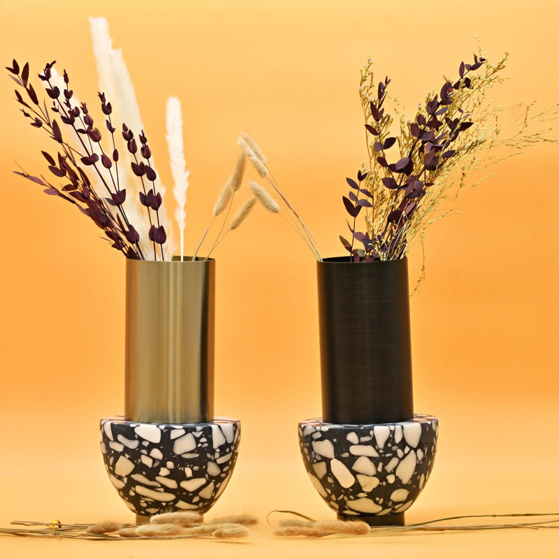 Edelstahlvase - mit Marmor - Runde Designervase Gebürstet Noble