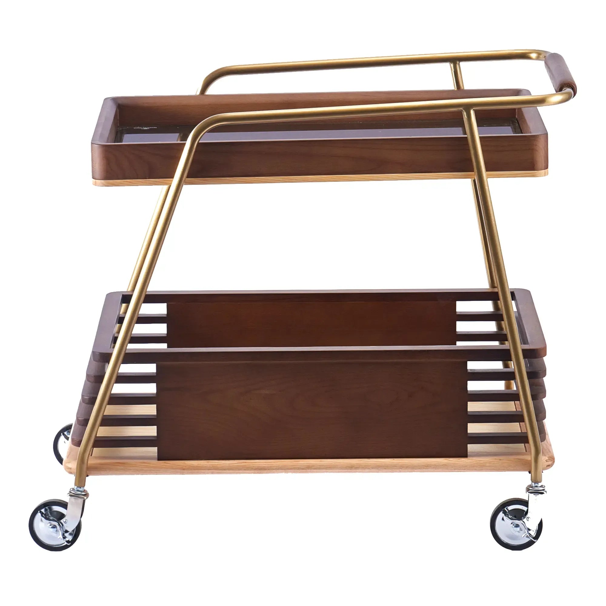 Servierwagen - Barwagen zweistufig – Nussbaumholz & Messingrahmen – Rollender Design-Trolley Mid‑Century Linea Aurea Nan